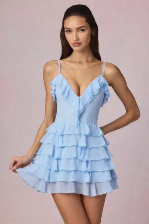 Ruffled Lace-Up A-Line Mini Dress in Powder Blue