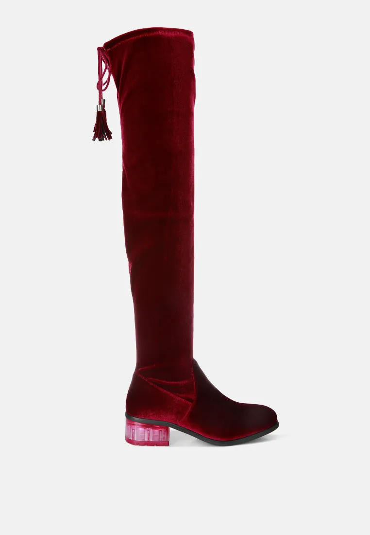 Rumple Velvet Over The Knee Clear Heel Boots By Ruw