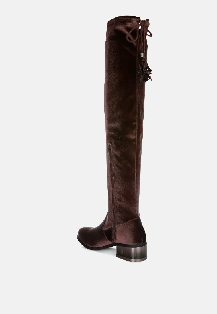 Rumple Velvet Over The Knee Clear Heel Boots By Ruw