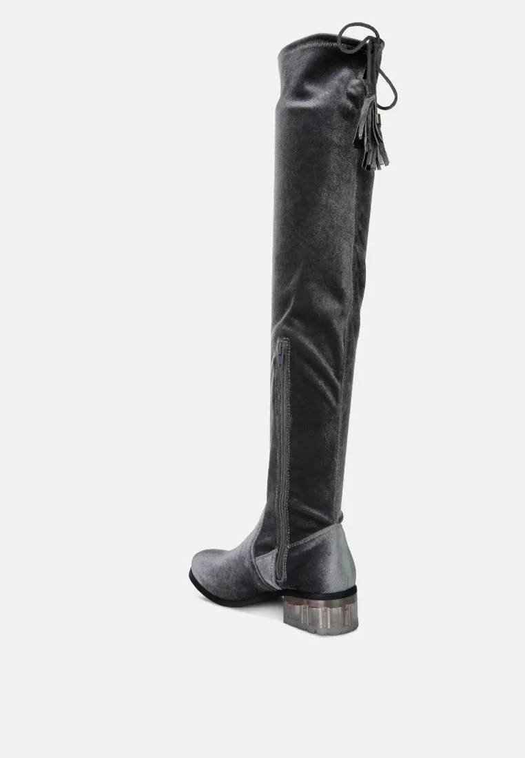 Rumple Velvet Over The Knee Clear Heel Boots By Ruw