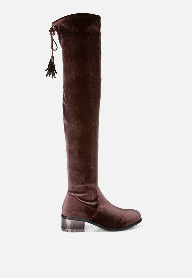 Rumple Velvet Over The Knee Clear Heel Boots By Ruw