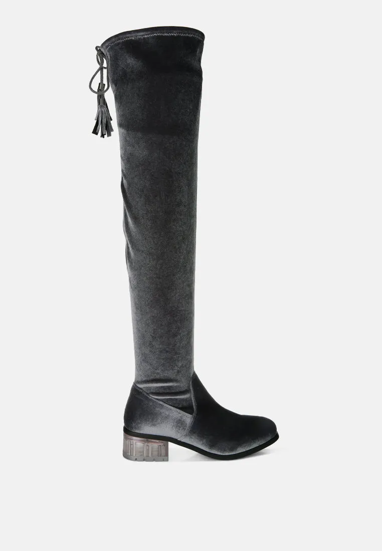 Rumple Velvet Over The Knee Clear Heel Boots By Ruw