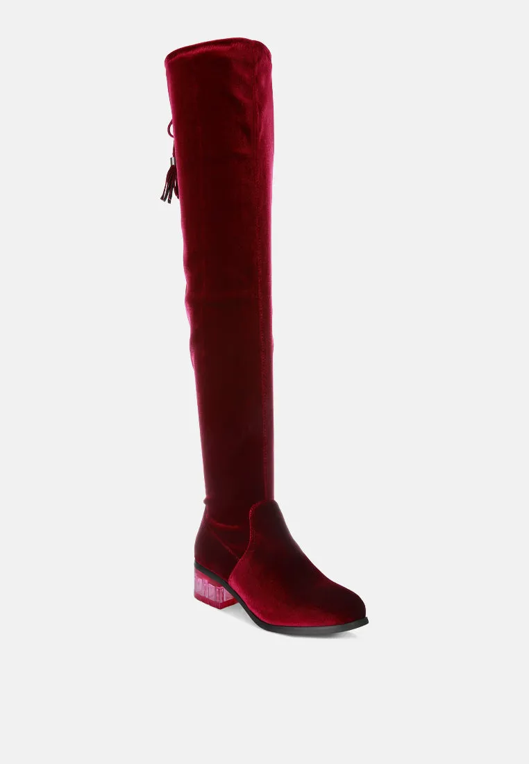 Rumple Velvet Over The Knee Clear Heel Boots By Ruw