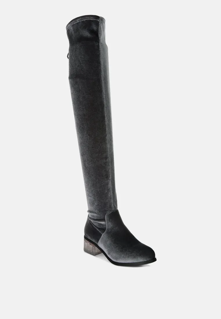 Rumple Velvet Over The Knee Clear Heel Boots By Ruw