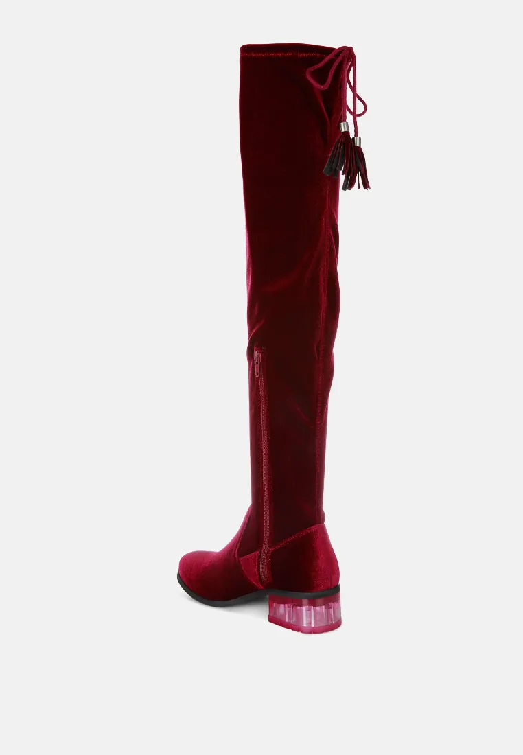 Rumple Velvet Over The Knee Clear Heel Boots By Ruw