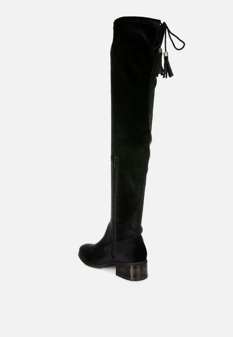Rumple Velvet Over The Knee Clear Heel Boots By Ruw