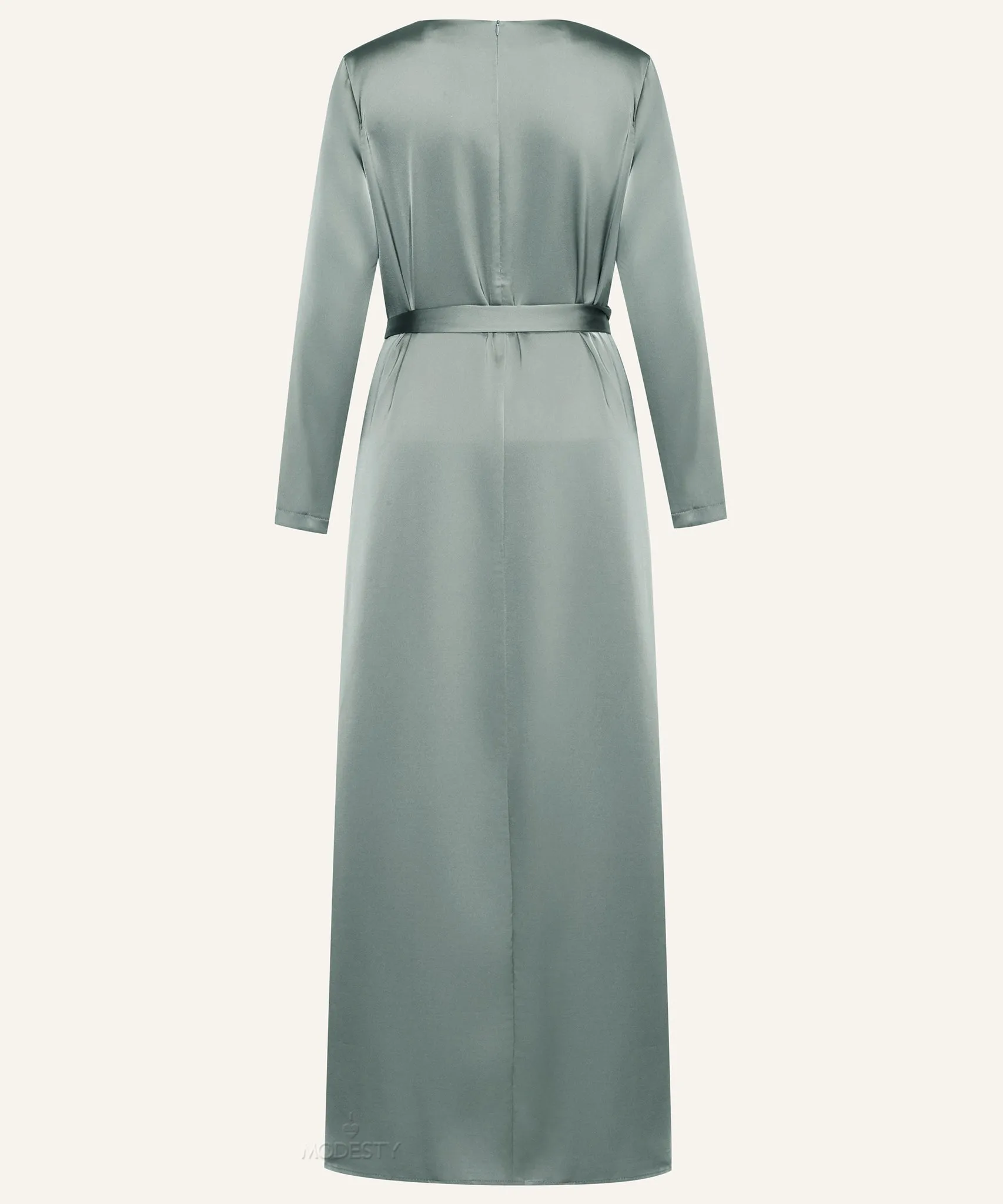 Sage Classic A-line Satin Long Sleeve Maxi Dress