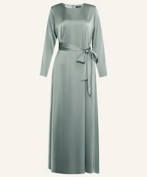 Sage Classic A-line Satin Long Sleeve Maxi Dress