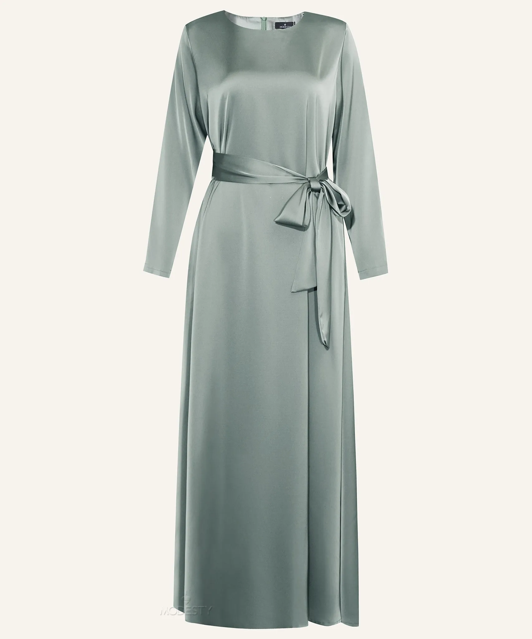 Sage Classic A-line Satin Long Sleeve Maxi Dress