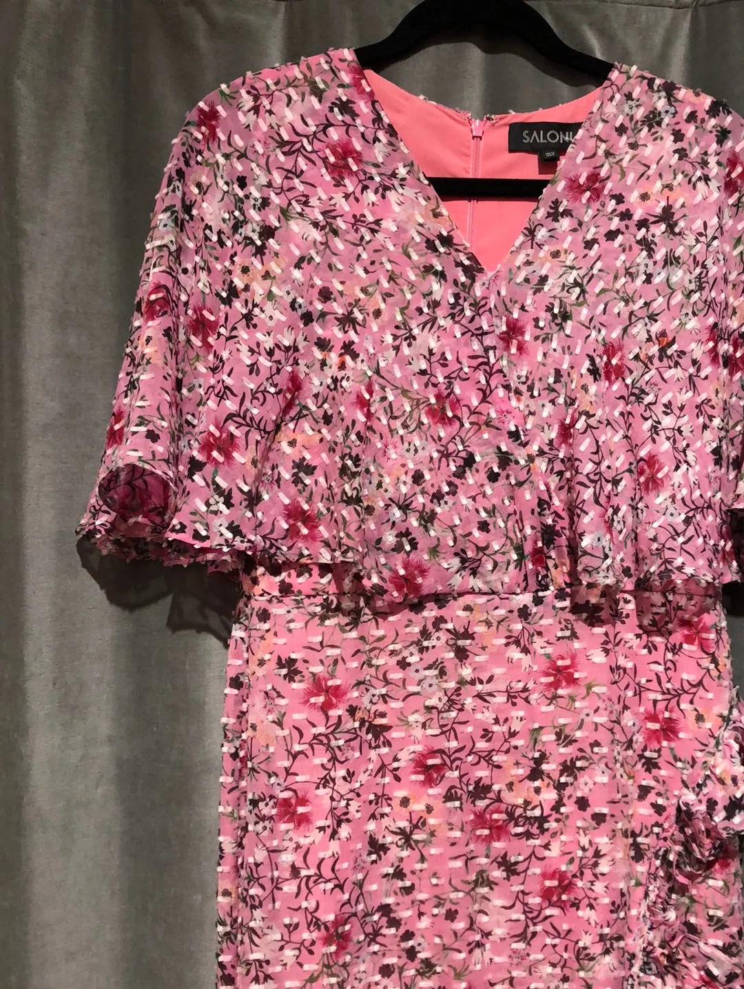 Saloni Short Sleeve Pink Floral Ruffle Maxi Dress
