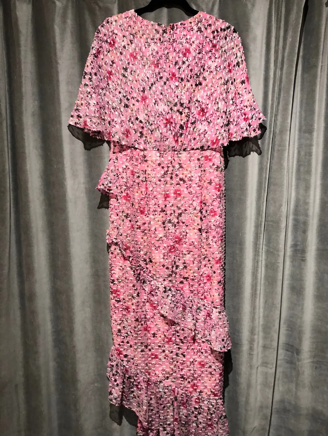 Saloni Short Sleeve Pink Floral Ruffle Maxi Dress