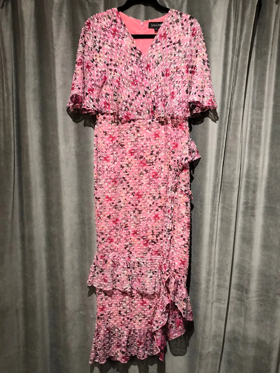 Saloni Short Sleeve Pink Floral Ruffle Maxi Dress