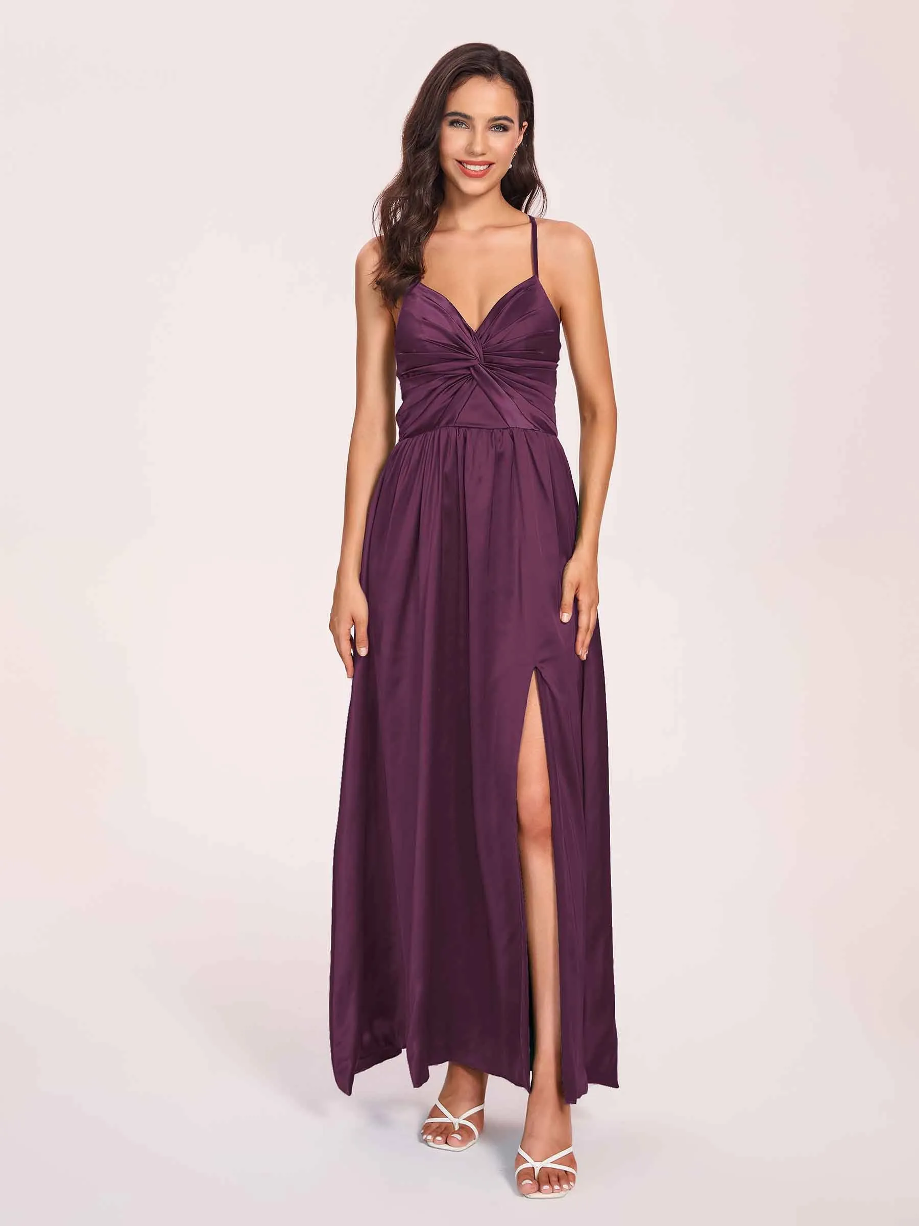 Satin Spaghetti Straps A-line Prom Dresses Side Slit Floor Length