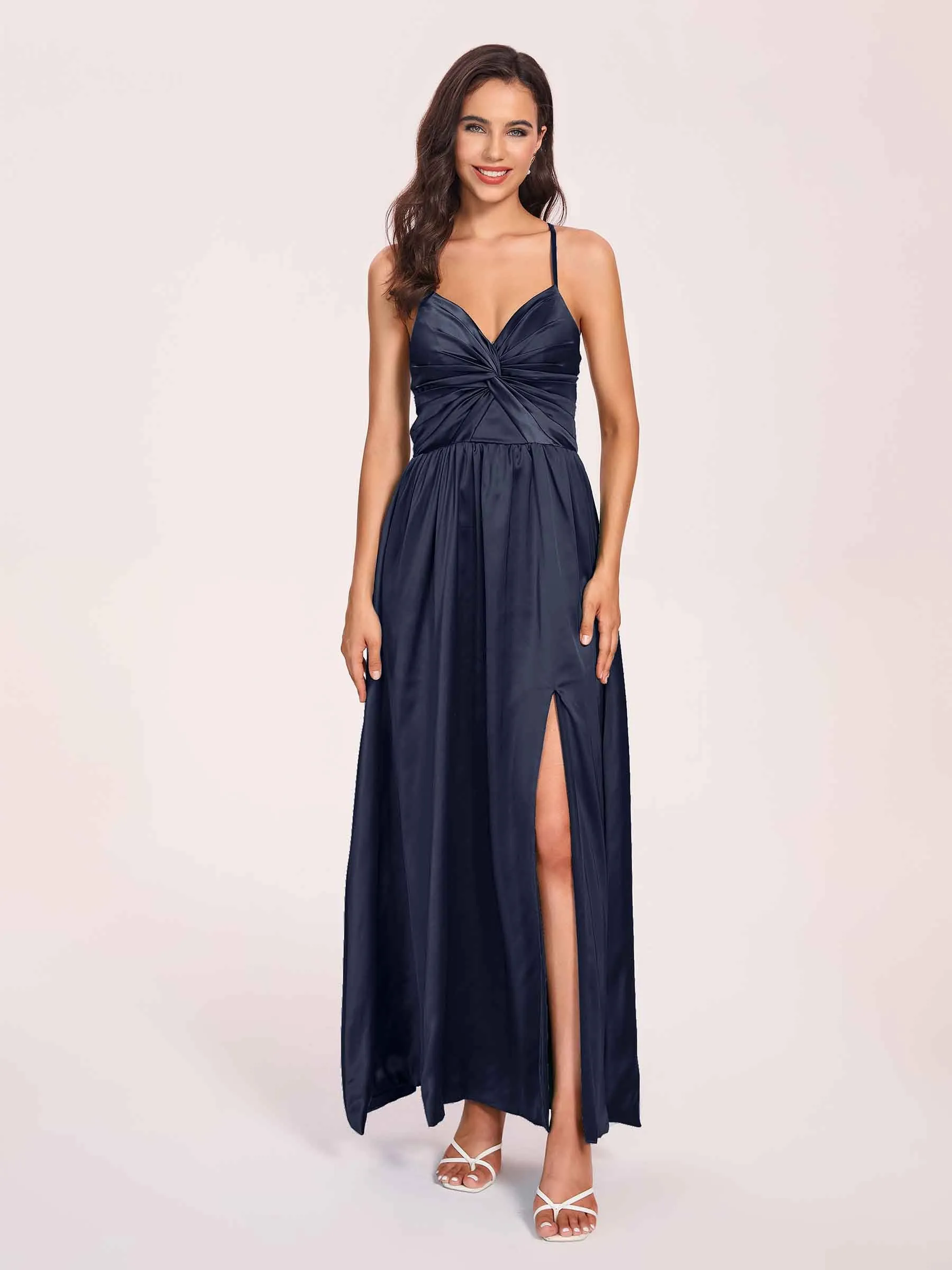 Satin Spaghetti Straps A-line Prom Dresses Side Slit Floor Length