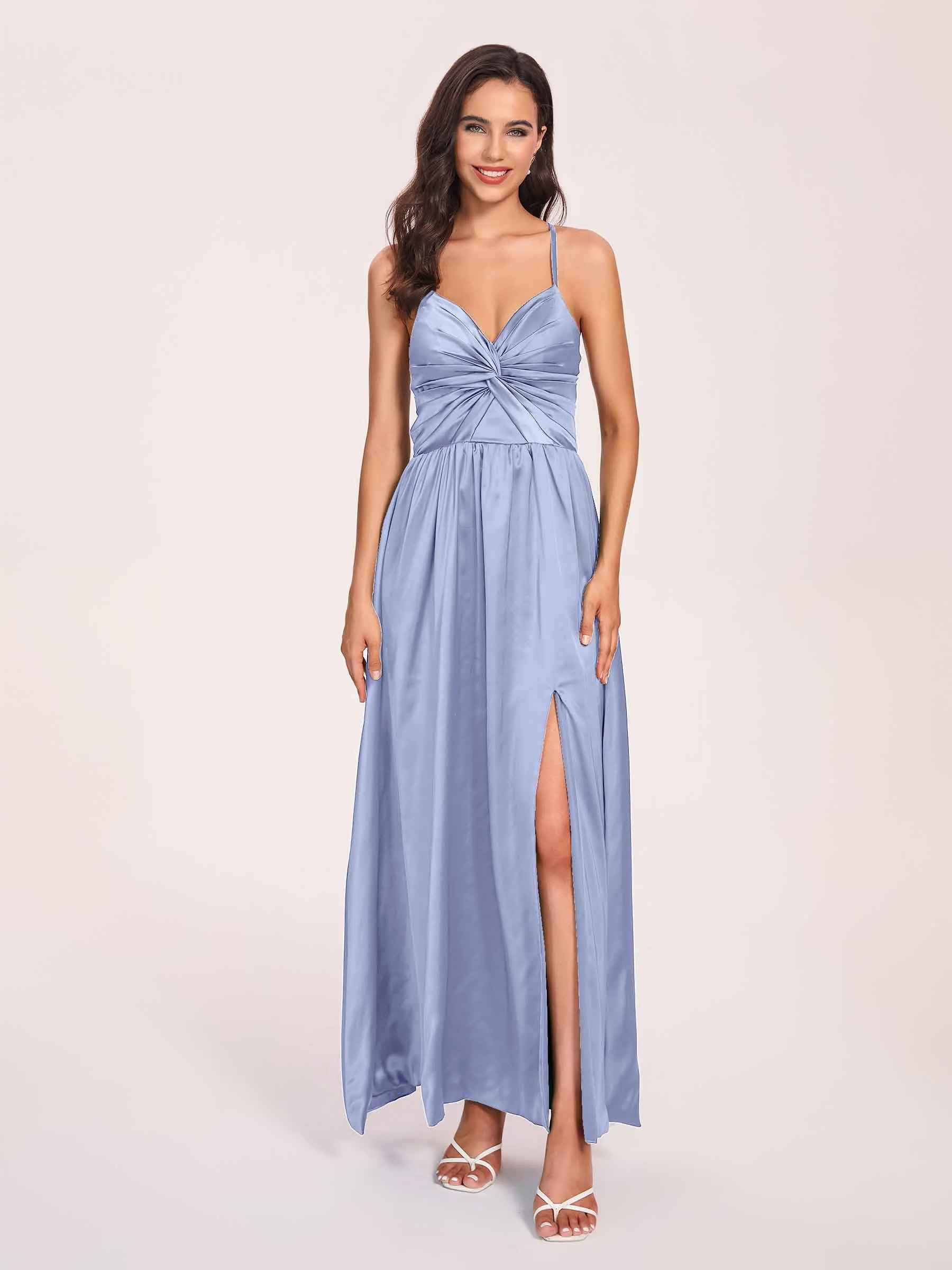 Satin Spaghetti Straps A-line Prom Dresses Side Slit Floor Length