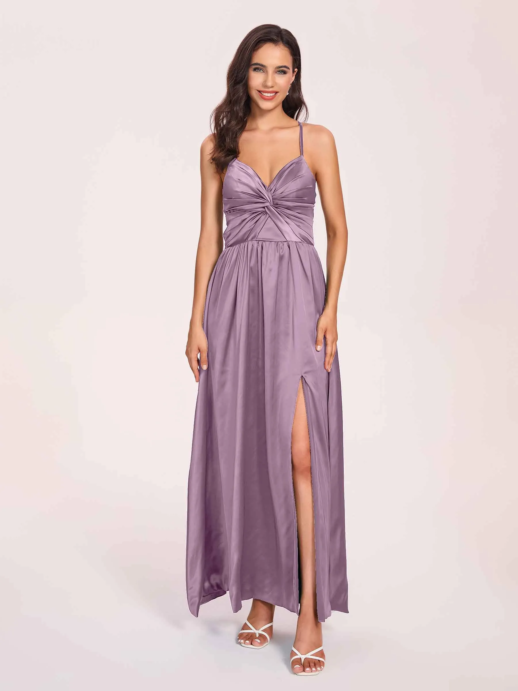 Satin Spaghetti Straps A-line Prom Dresses Side Slit Floor Length
