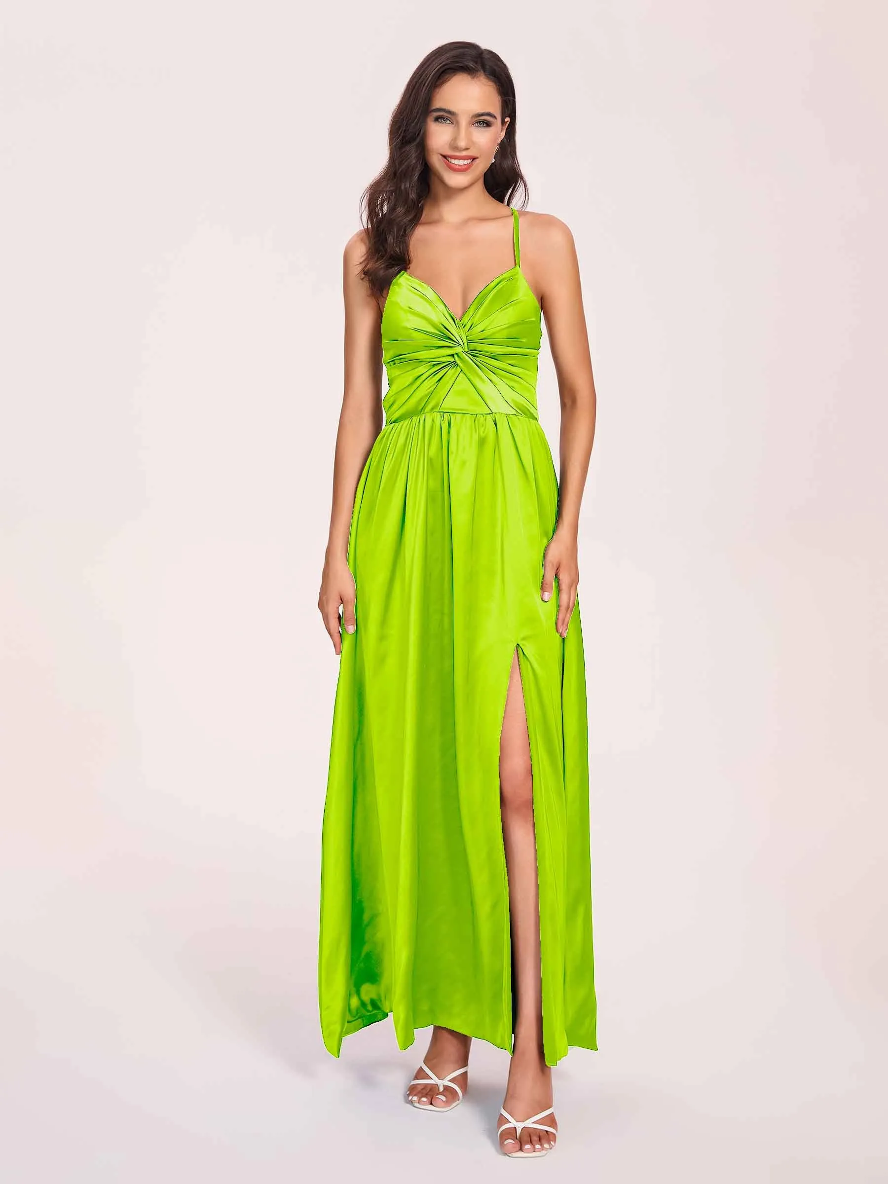 Satin Spaghetti Straps A-line Prom Dresses Side Slit Floor Length