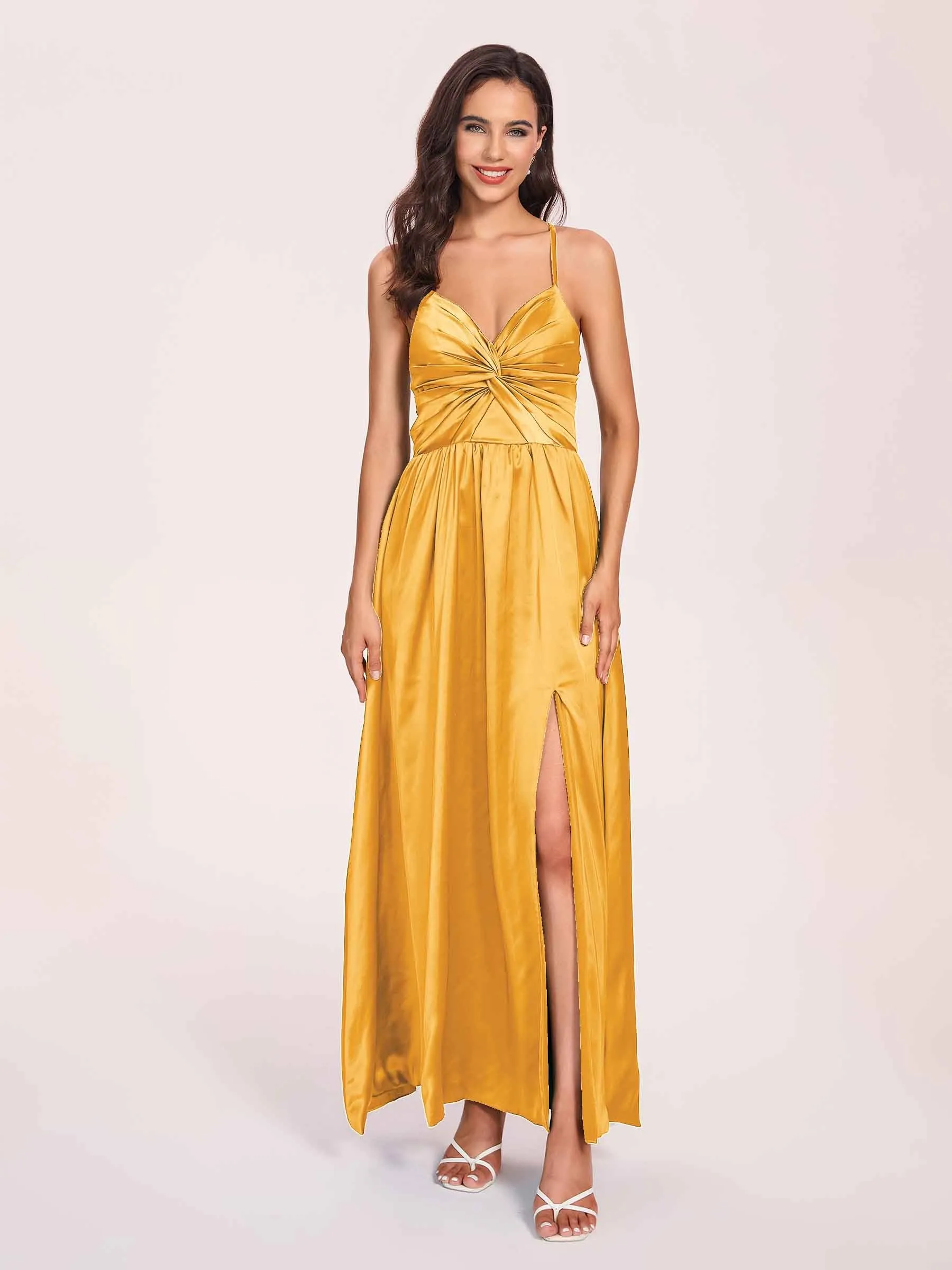Satin Spaghetti Straps A-line Prom Dresses Side Slit Floor Length