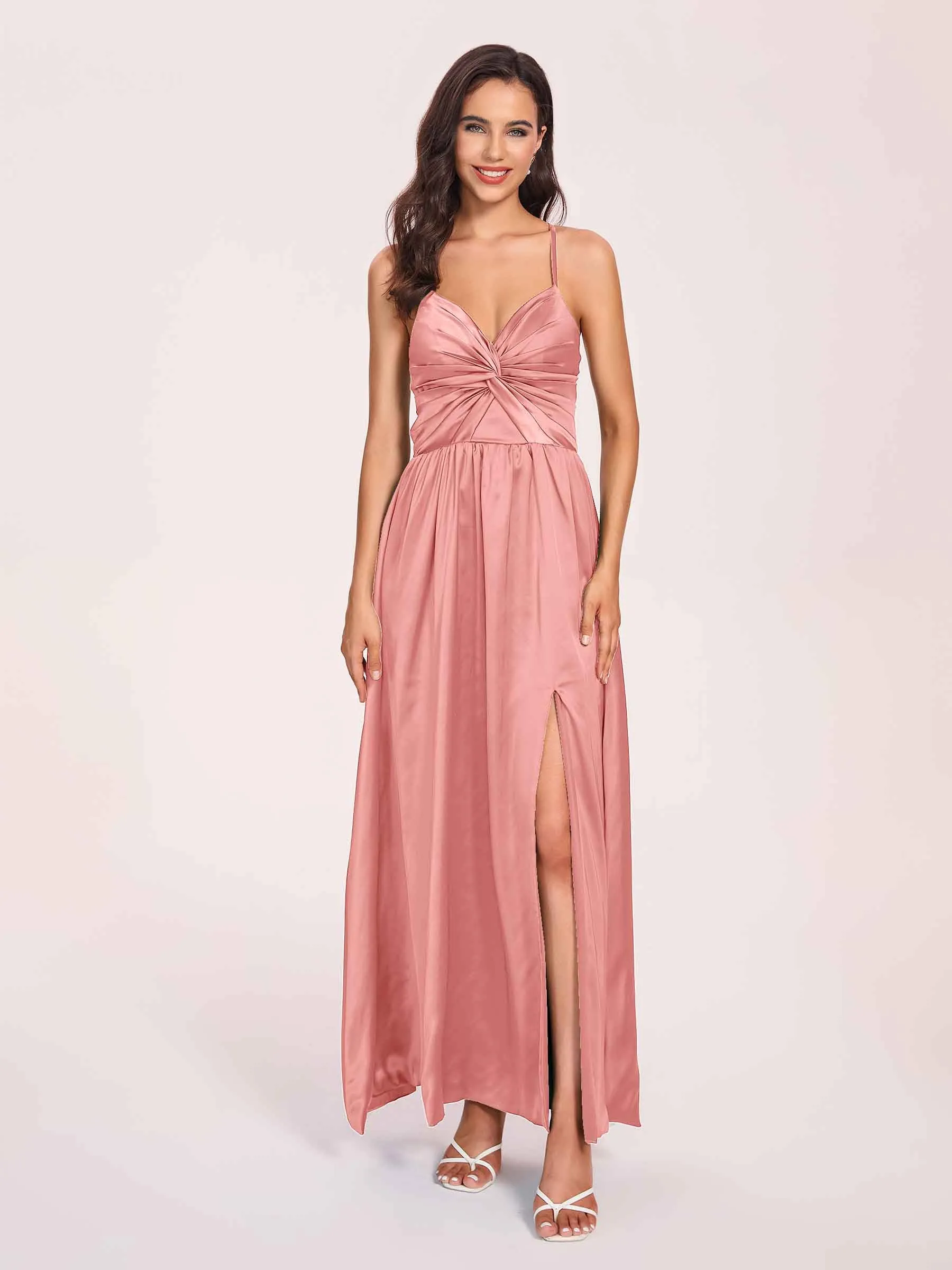 Satin Spaghetti Straps A-line Prom Dresses Side Slit Floor Length