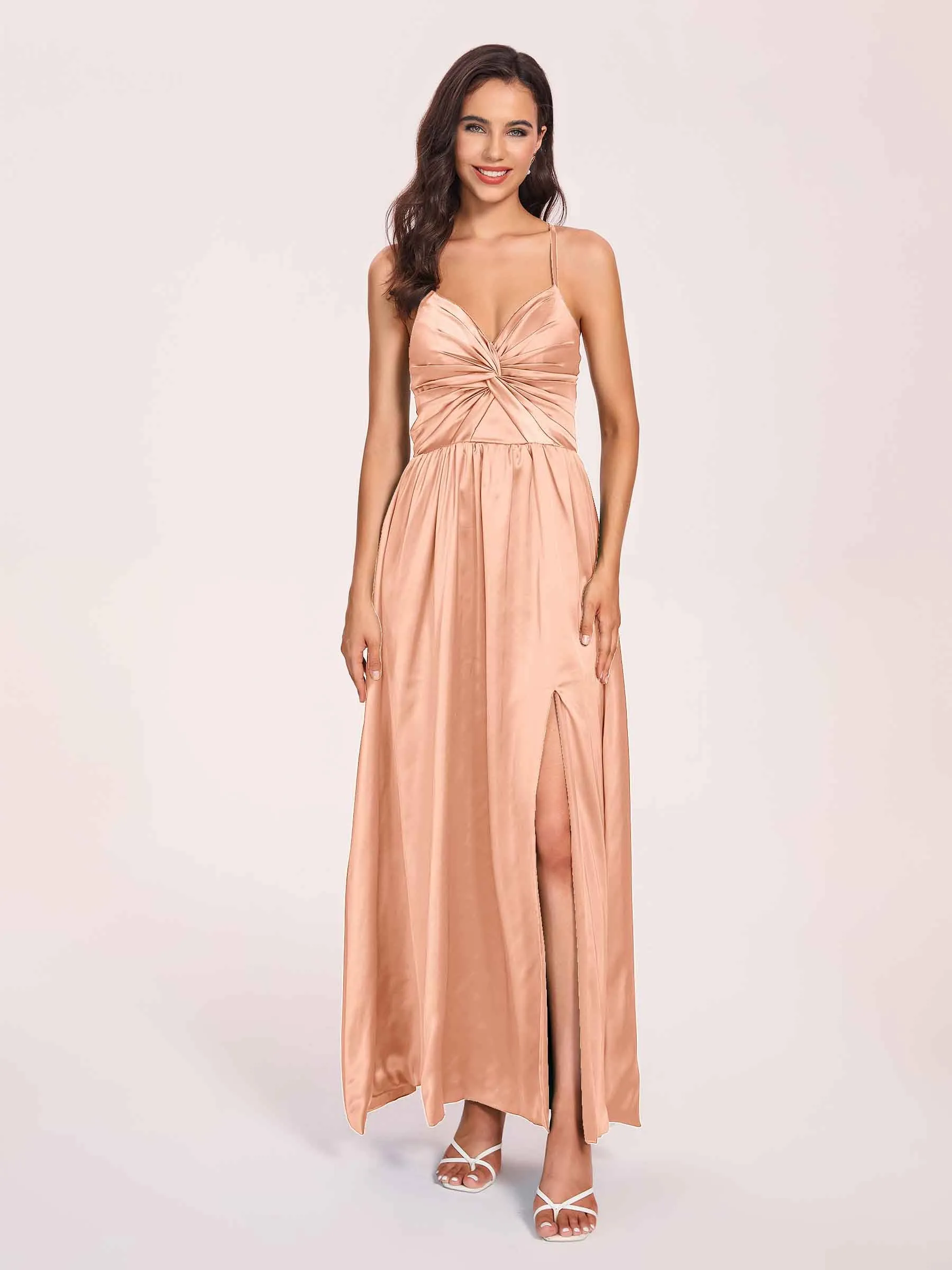 Satin Spaghetti Straps A-line Prom Dresses Side Slit Floor Length