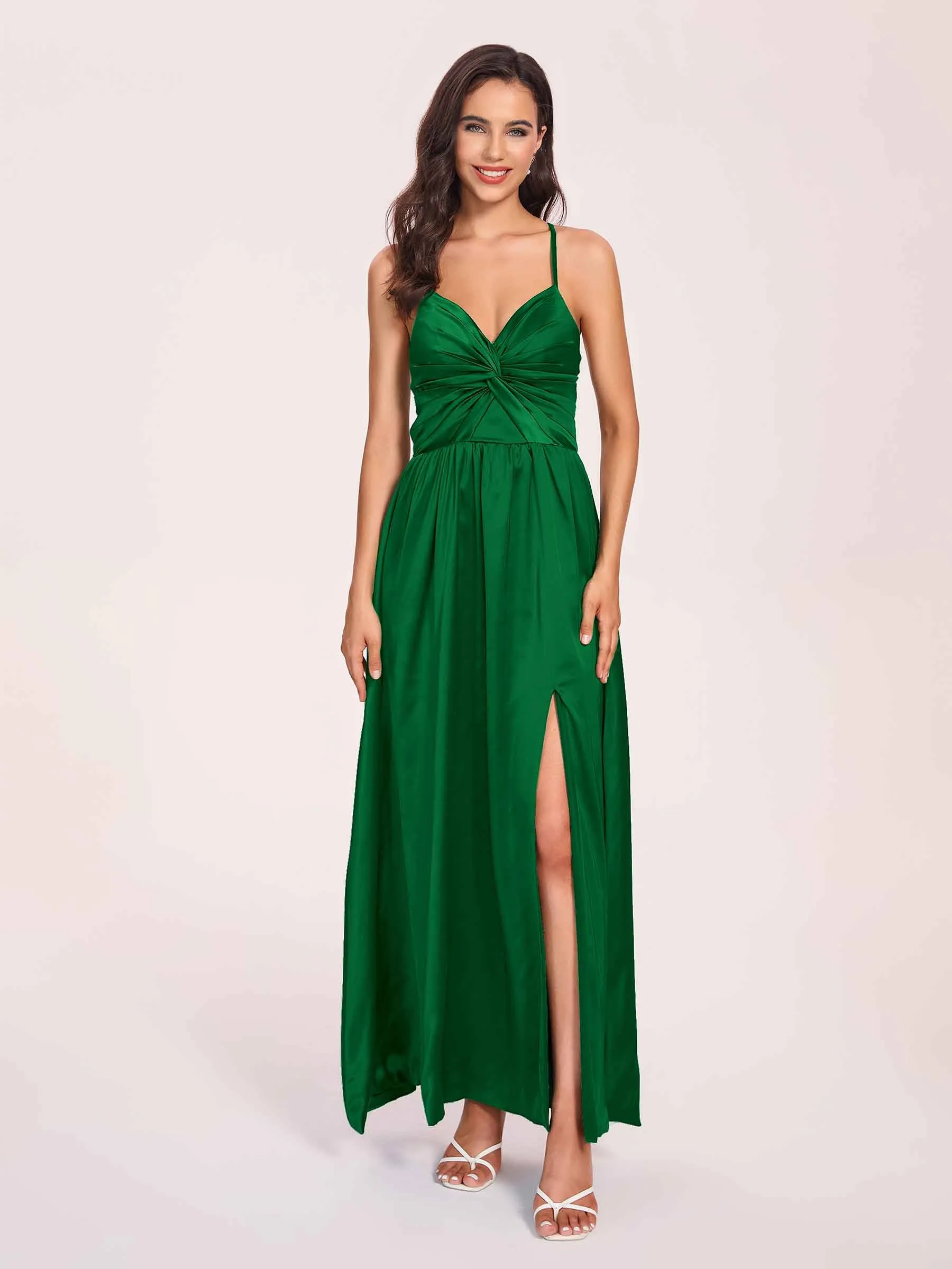 Satin Spaghetti Straps A-line Prom Dresses Side Slit Floor Length