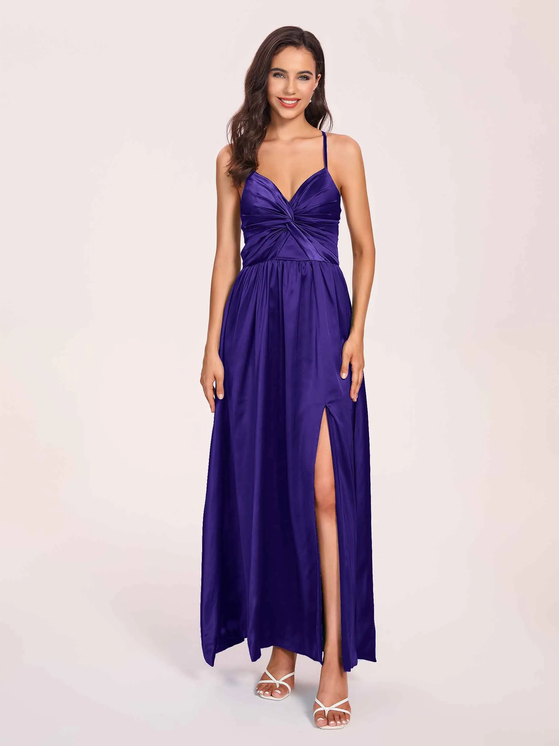 Satin Spaghetti Straps A-line Prom Dresses Side Slit Floor Length