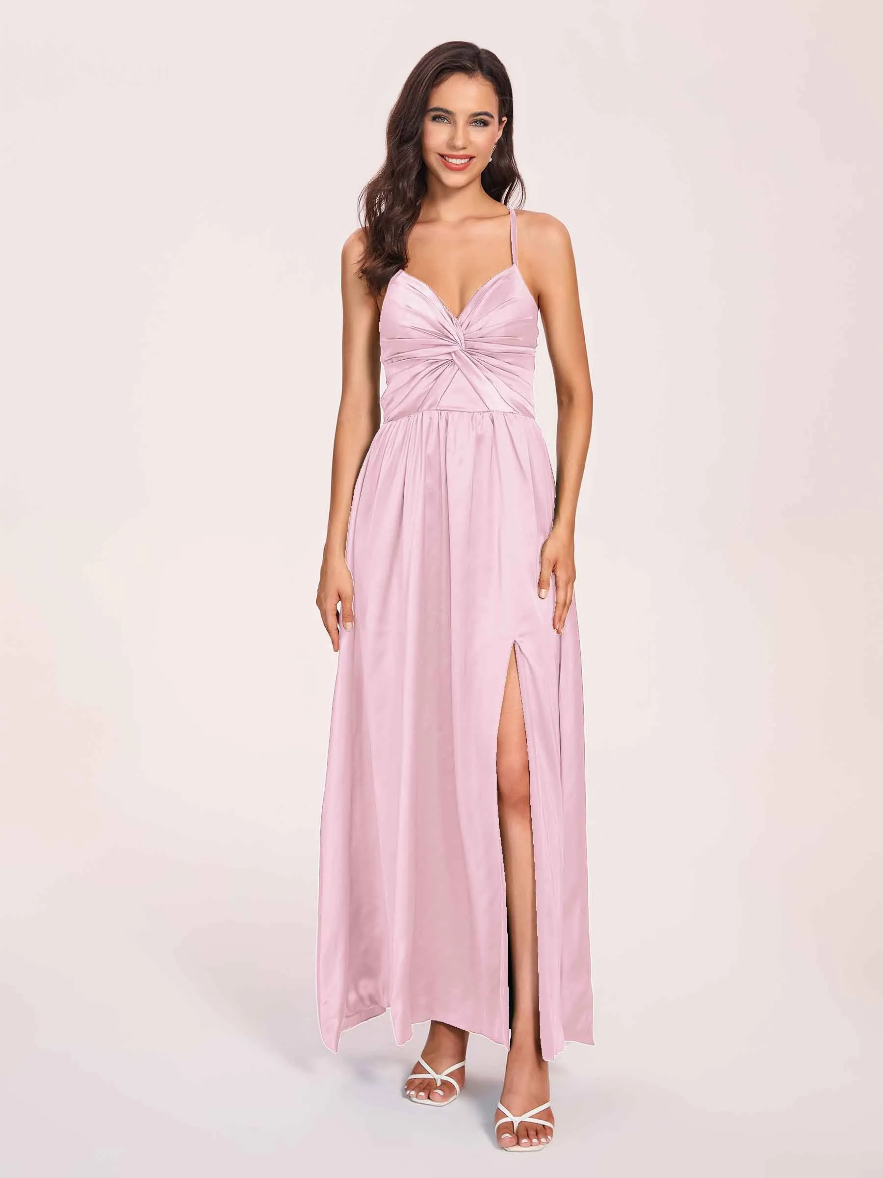 Satin Spaghetti Straps A-line Prom Dresses Side Slit Floor Length