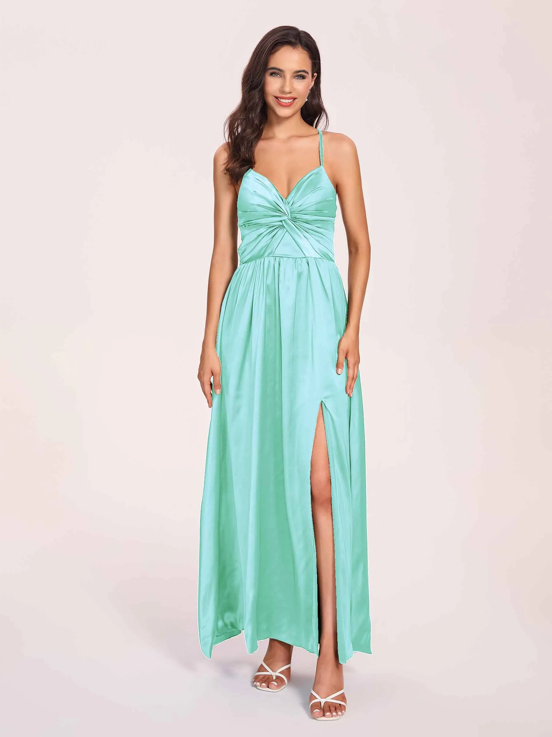 Satin Spaghetti Straps A-line Prom Dresses Side Slit Floor Length