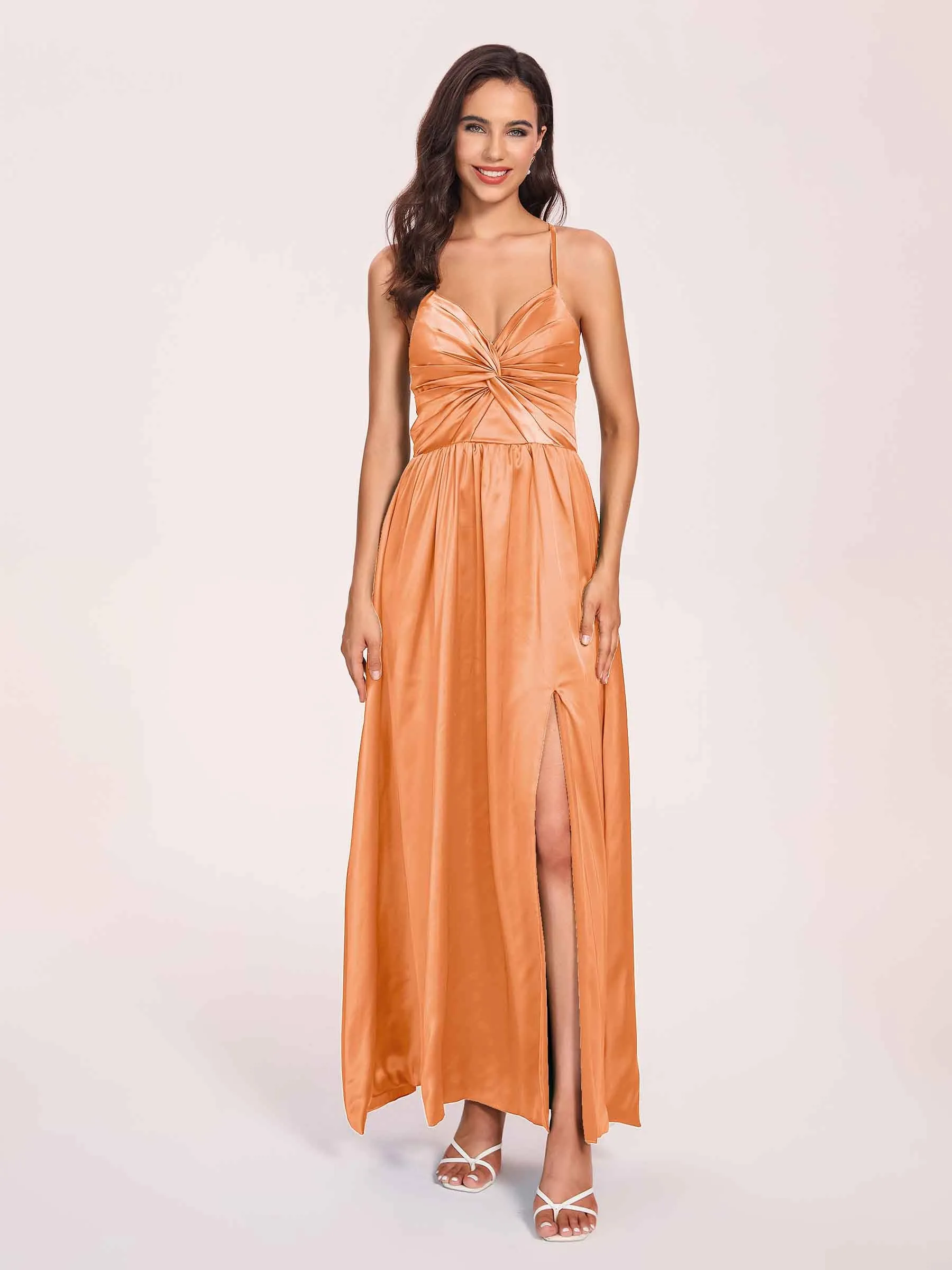 Satin Spaghetti Straps A-line Prom Dresses Side Slit Floor Length