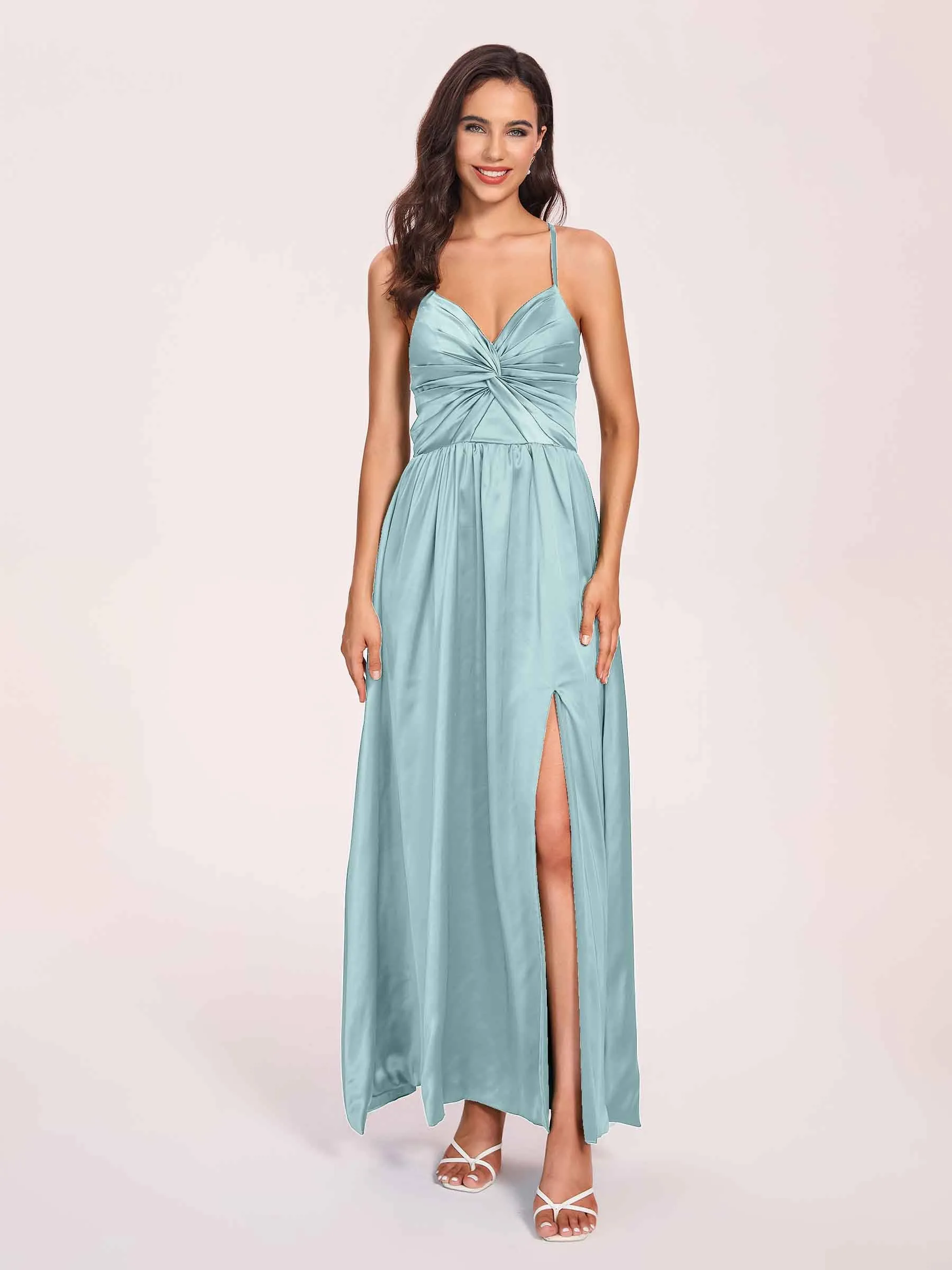 Satin Spaghetti Straps A-line Prom Dresses Side Slit Floor Length
