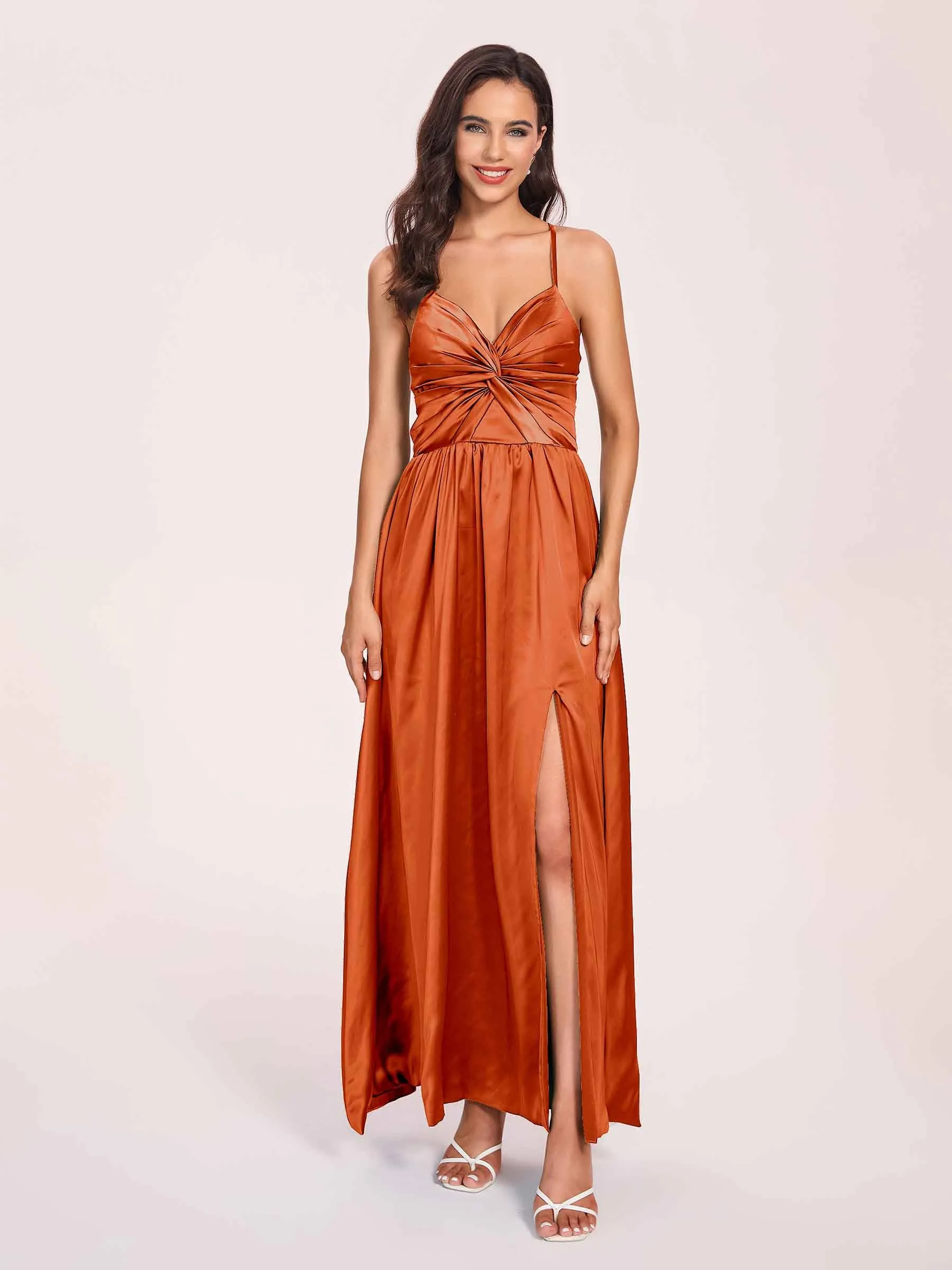 Satin Spaghetti Straps A-line Prom Dresses Side Slit Floor Length