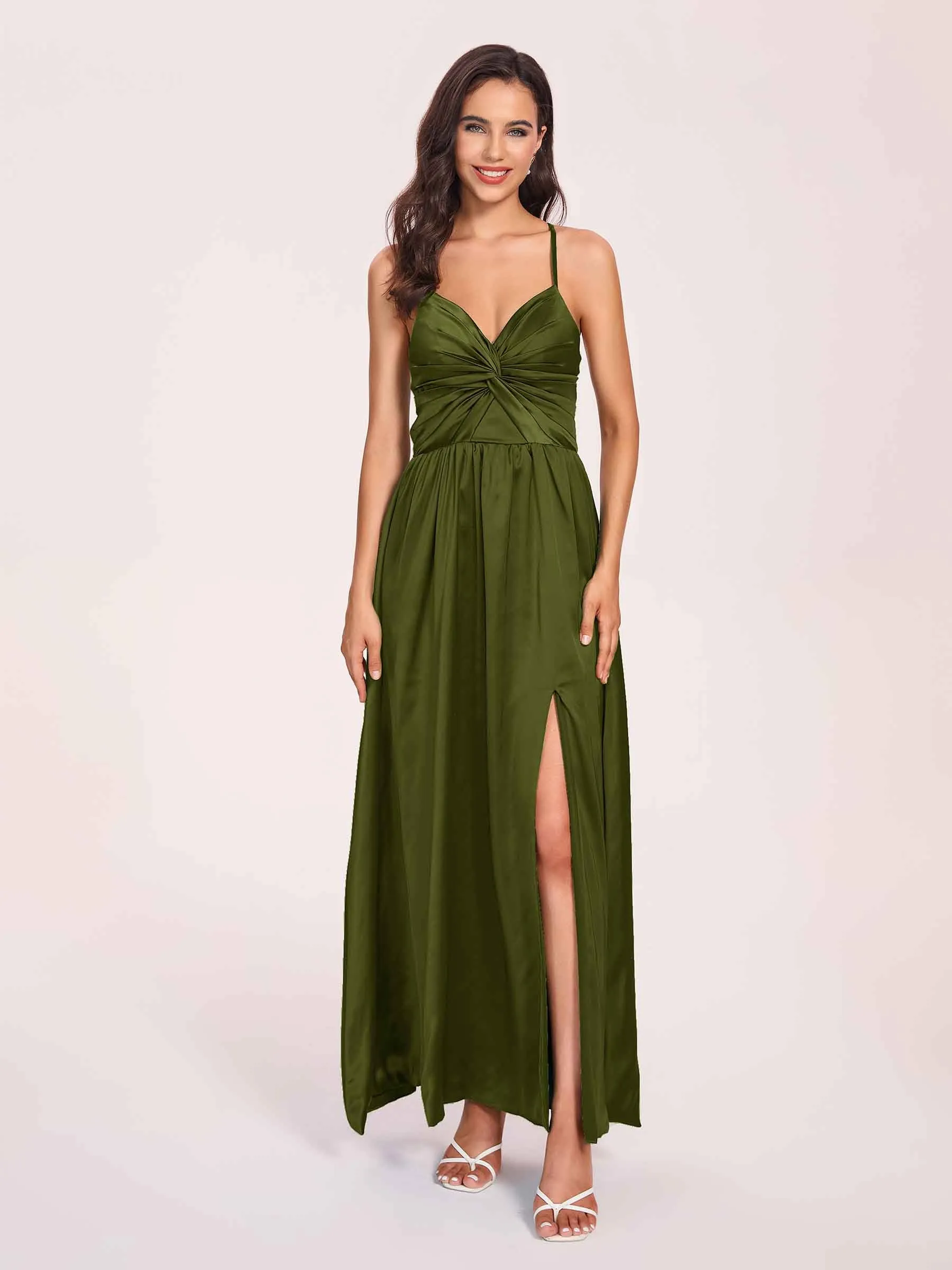 Satin Spaghetti Straps A-line Prom Dresses Side Slit Floor Length