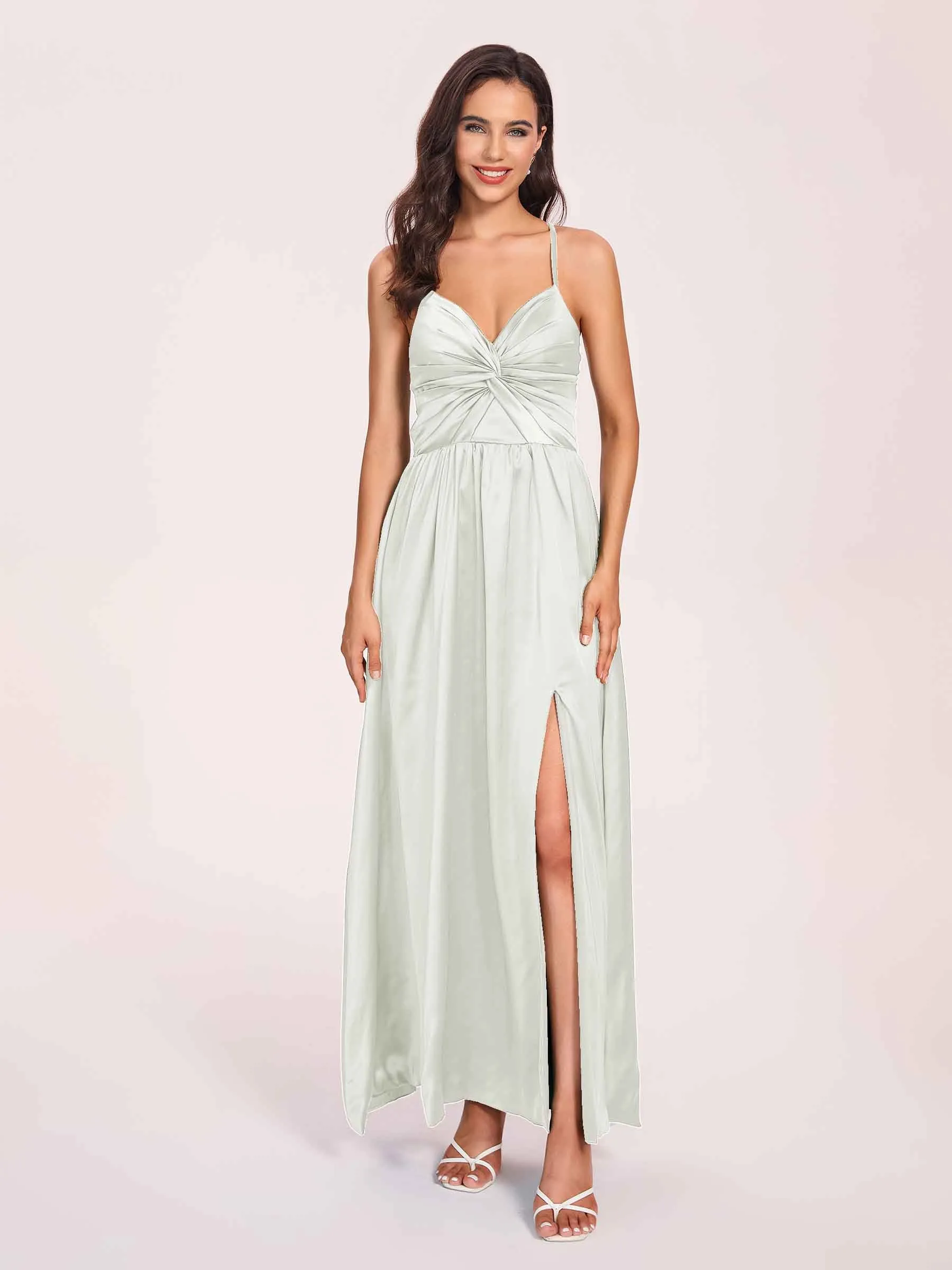 Satin Spaghetti Straps A-line Prom Dresses Side Slit Floor Length