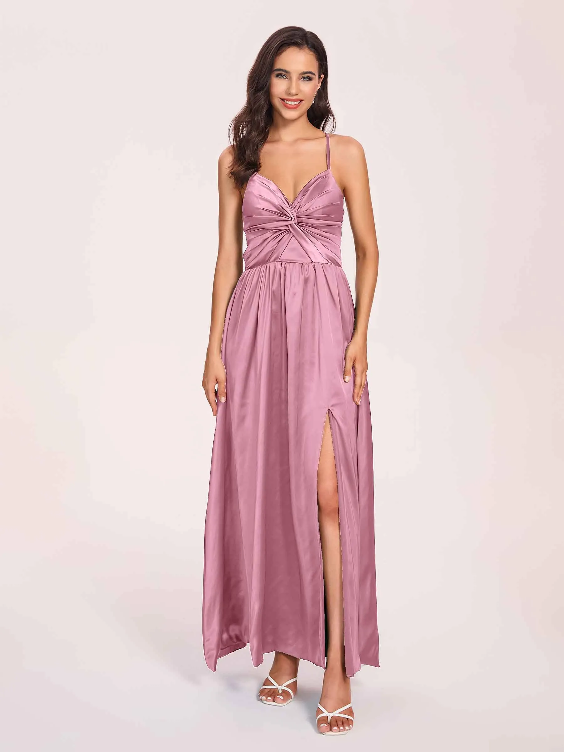 Satin Spaghetti Straps A-line Prom Dresses Side Slit Floor Length