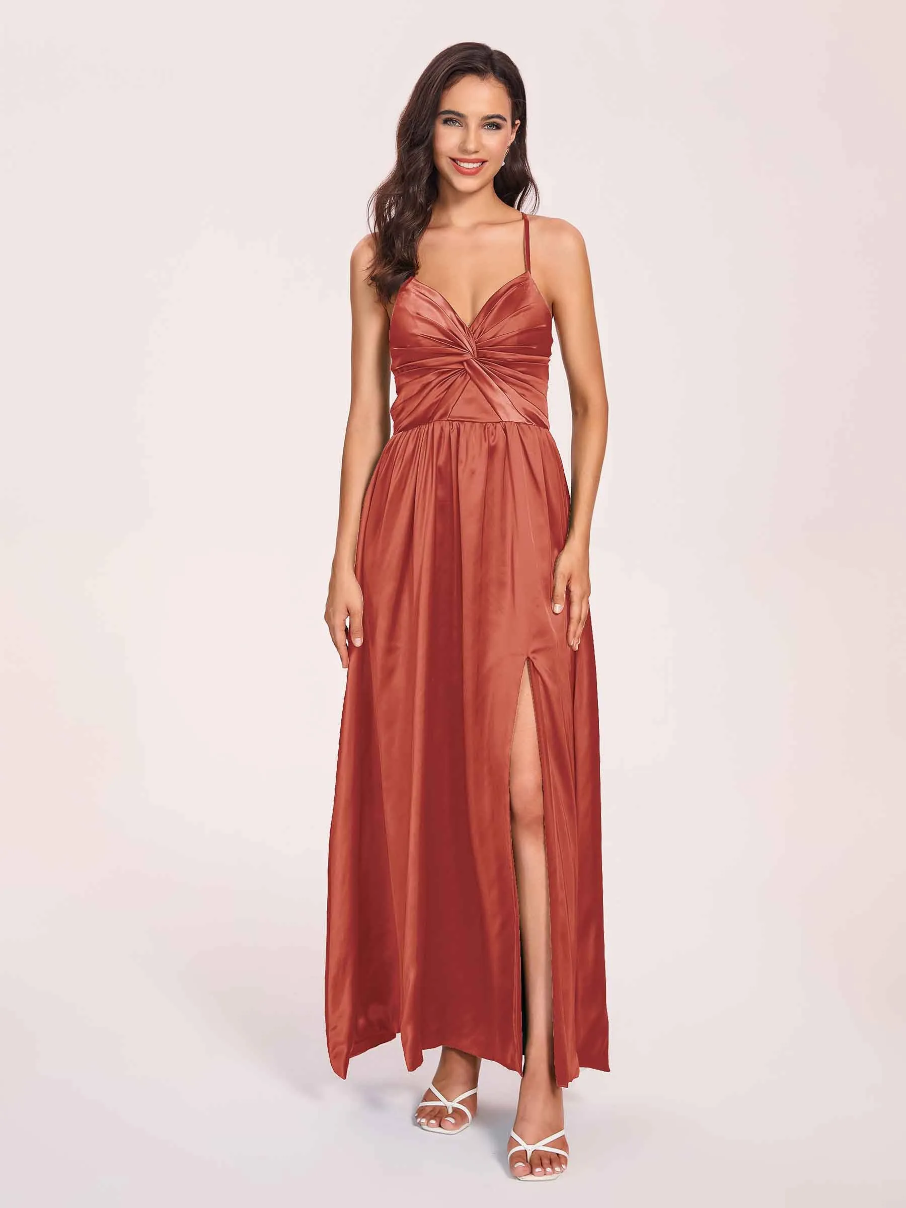 Satin Spaghetti Straps A-line Prom Dresses Side Slit Floor Length