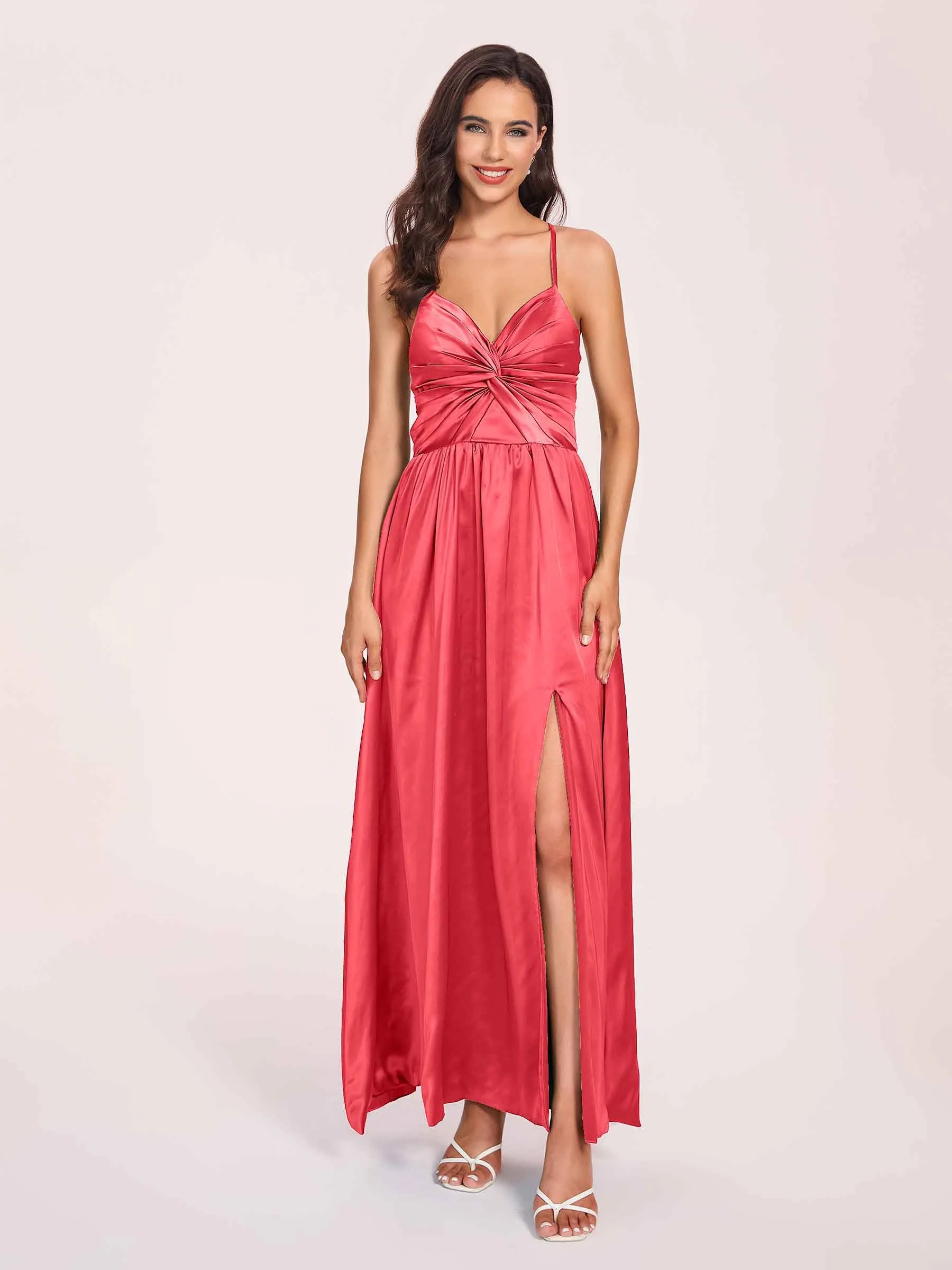 Satin Spaghetti Straps A-line Prom Dresses Side Slit Floor Length
