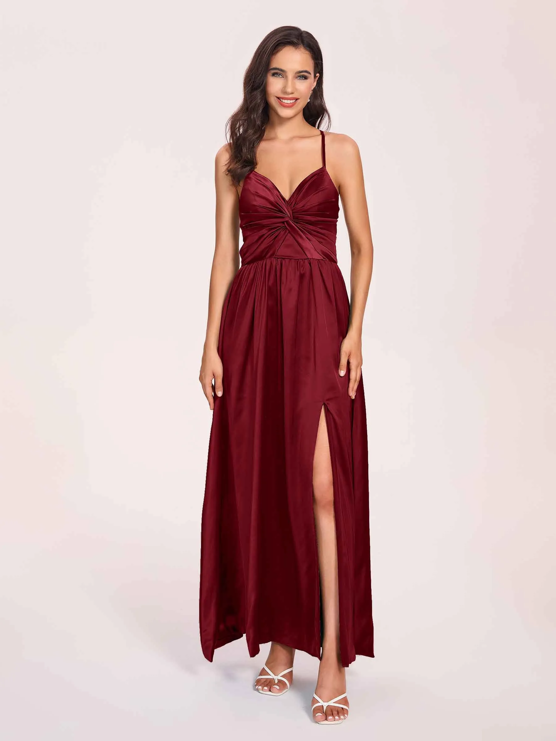 Satin Spaghetti Straps A-line Prom Dresses Side Slit Floor Length