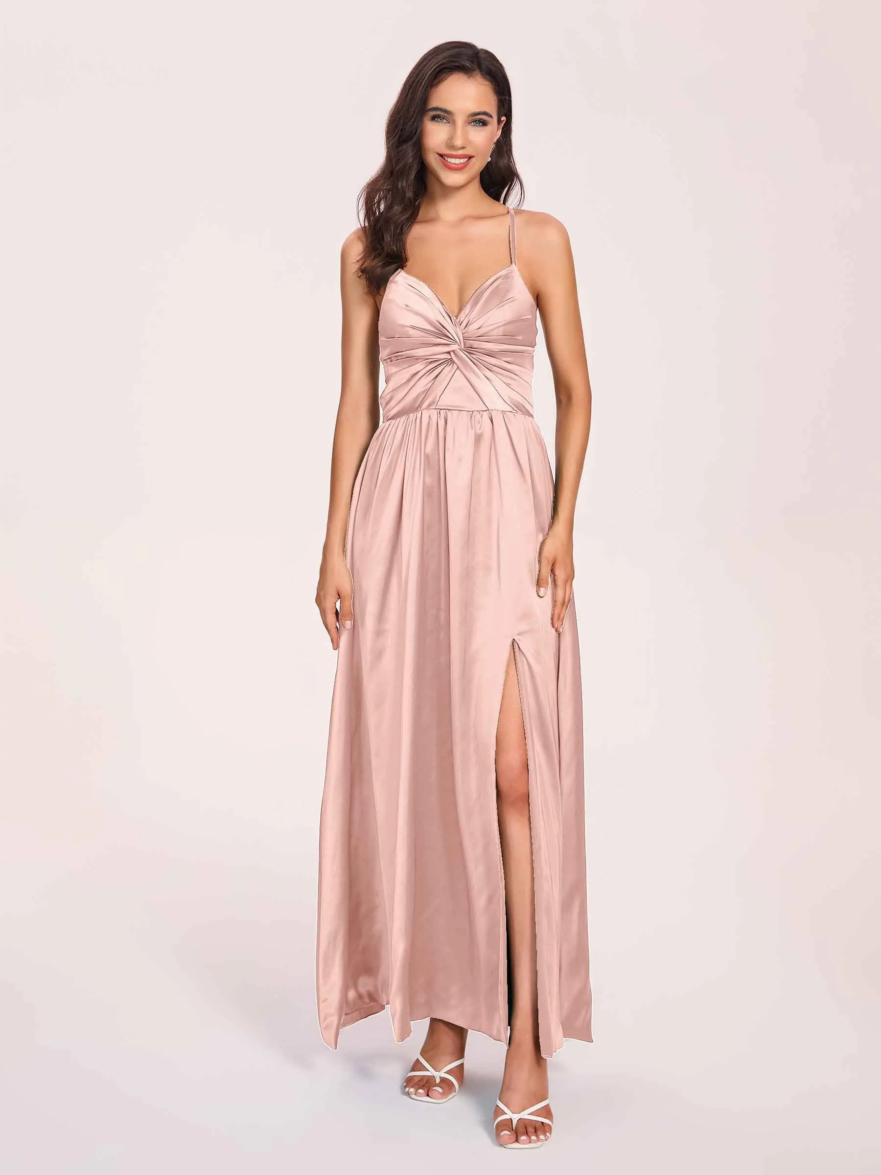 Satin Spaghetti Straps A-line Prom Dresses Side Slit Floor Length