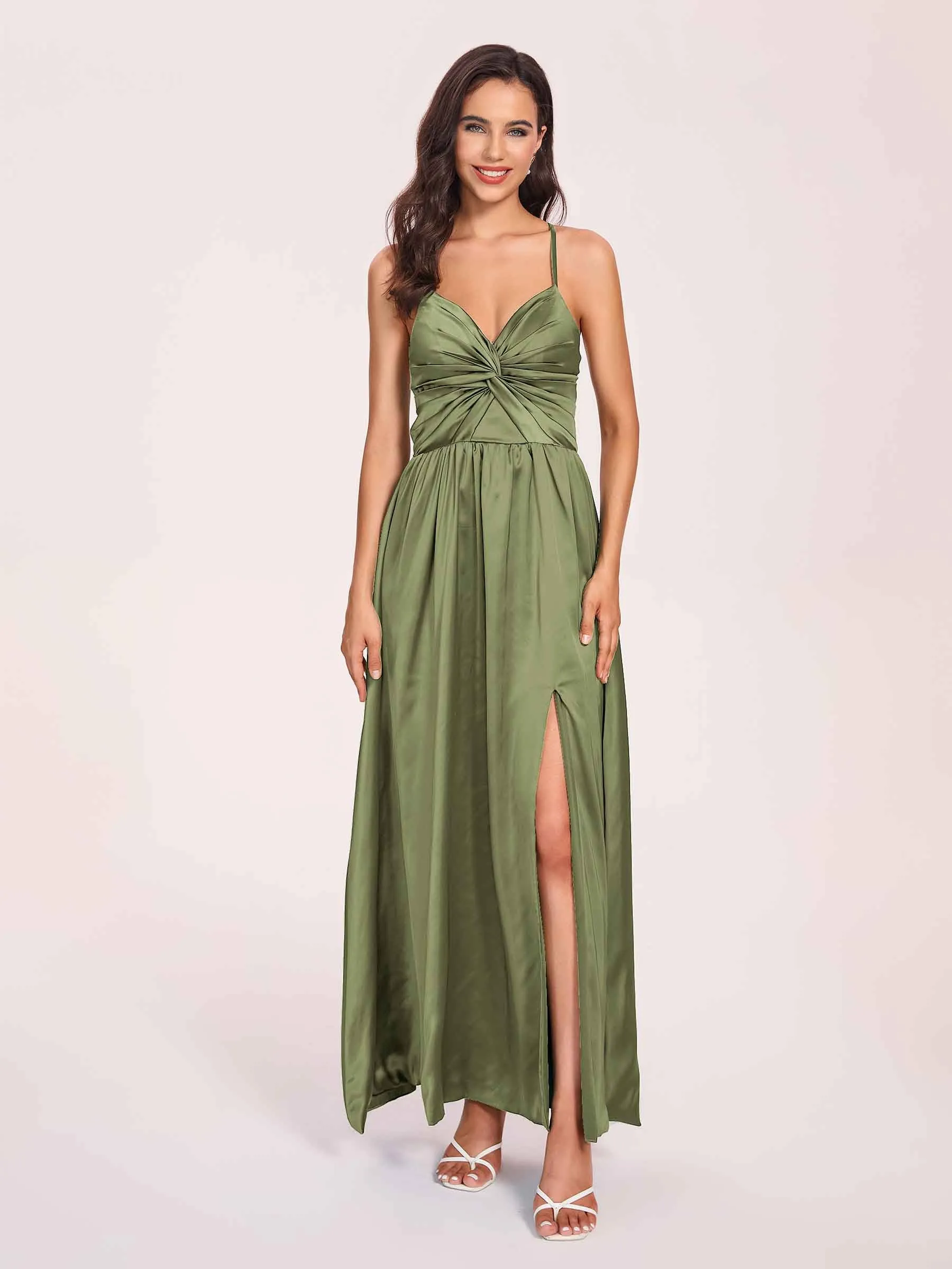 Satin Spaghetti Straps A-line Prom Dresses Side Slit Floor Length