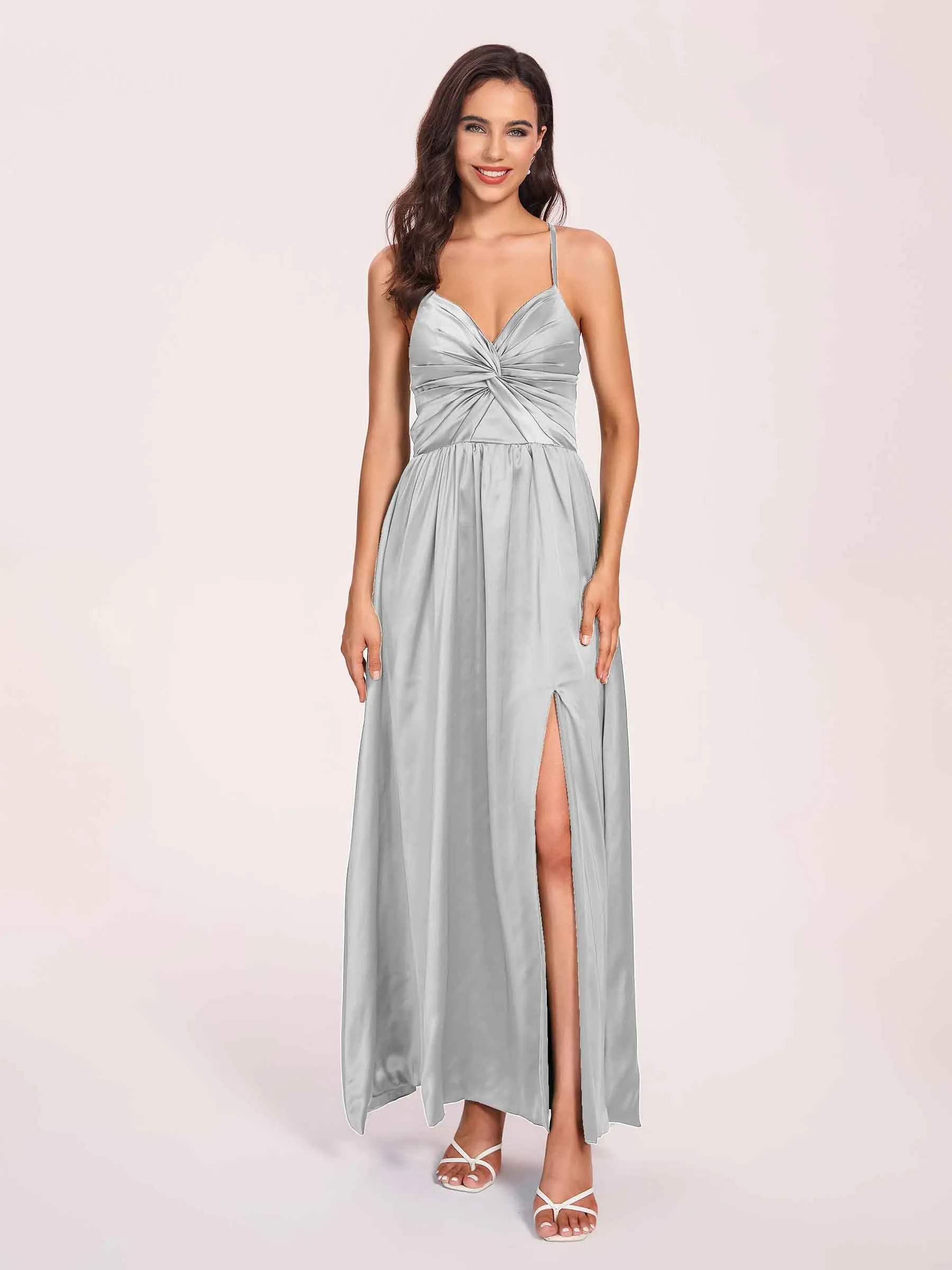 Satin Spaghetti Straps A-line Prom Dresses Side Slit Floor Length