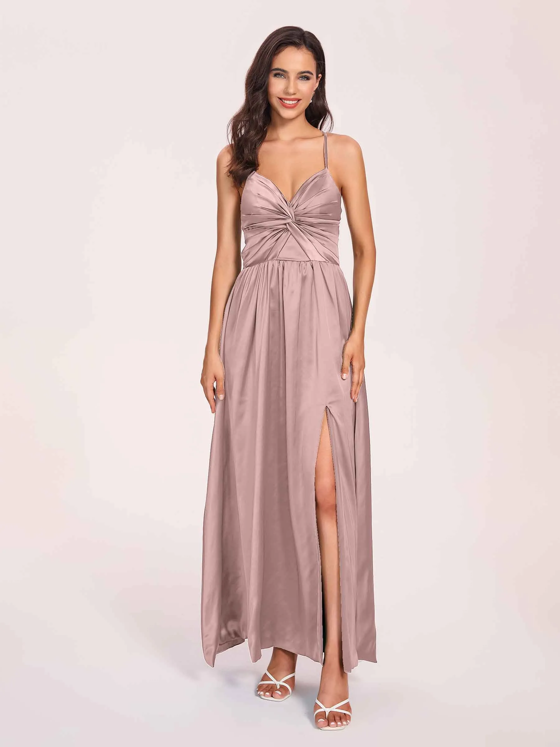 Satin Spaghetti Straps A-line Prom Dresses Side Slit Floor Length