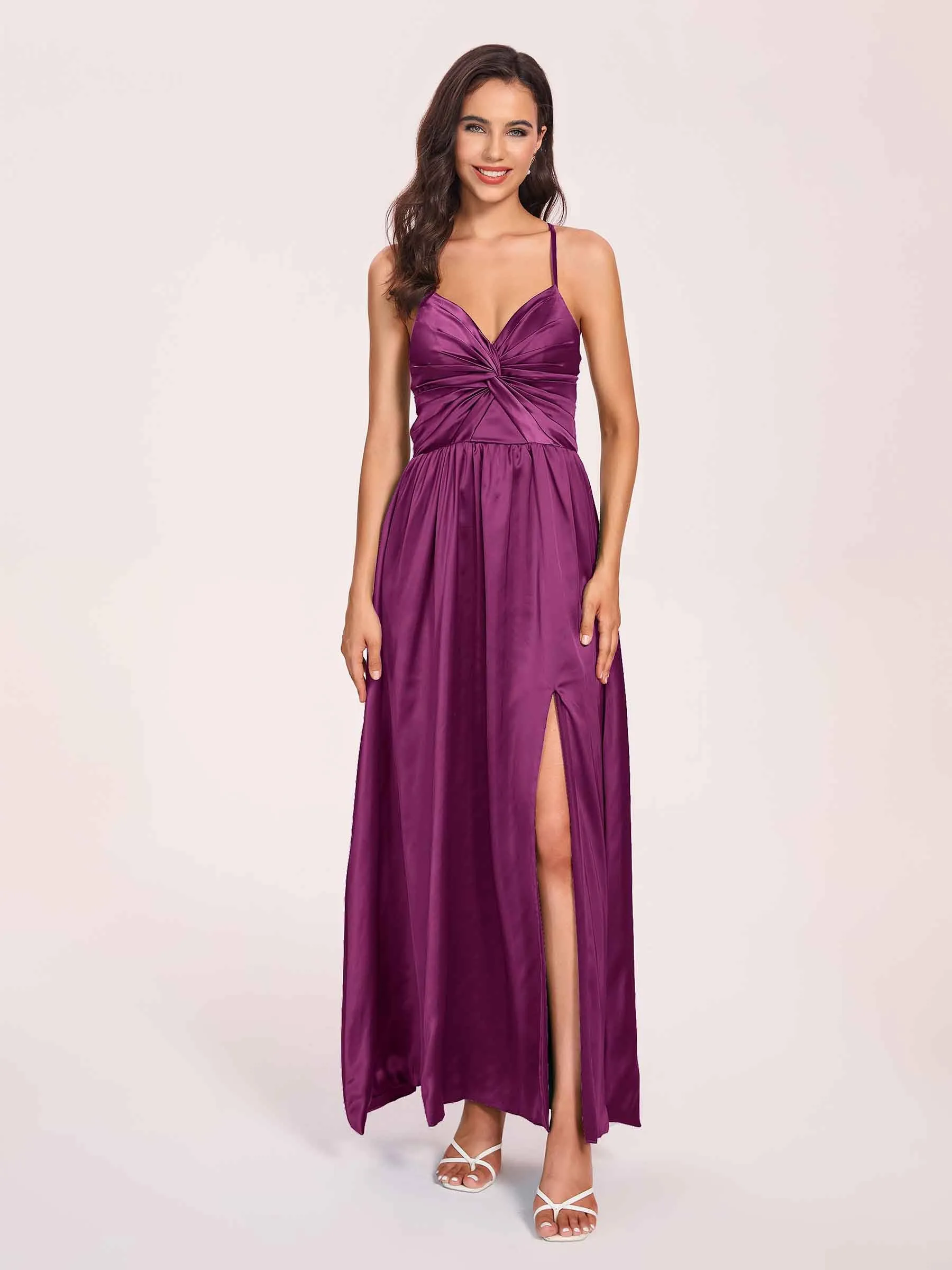 Satin Spaghetti Straps A-line Prom Dresses Side Slit Floor Length