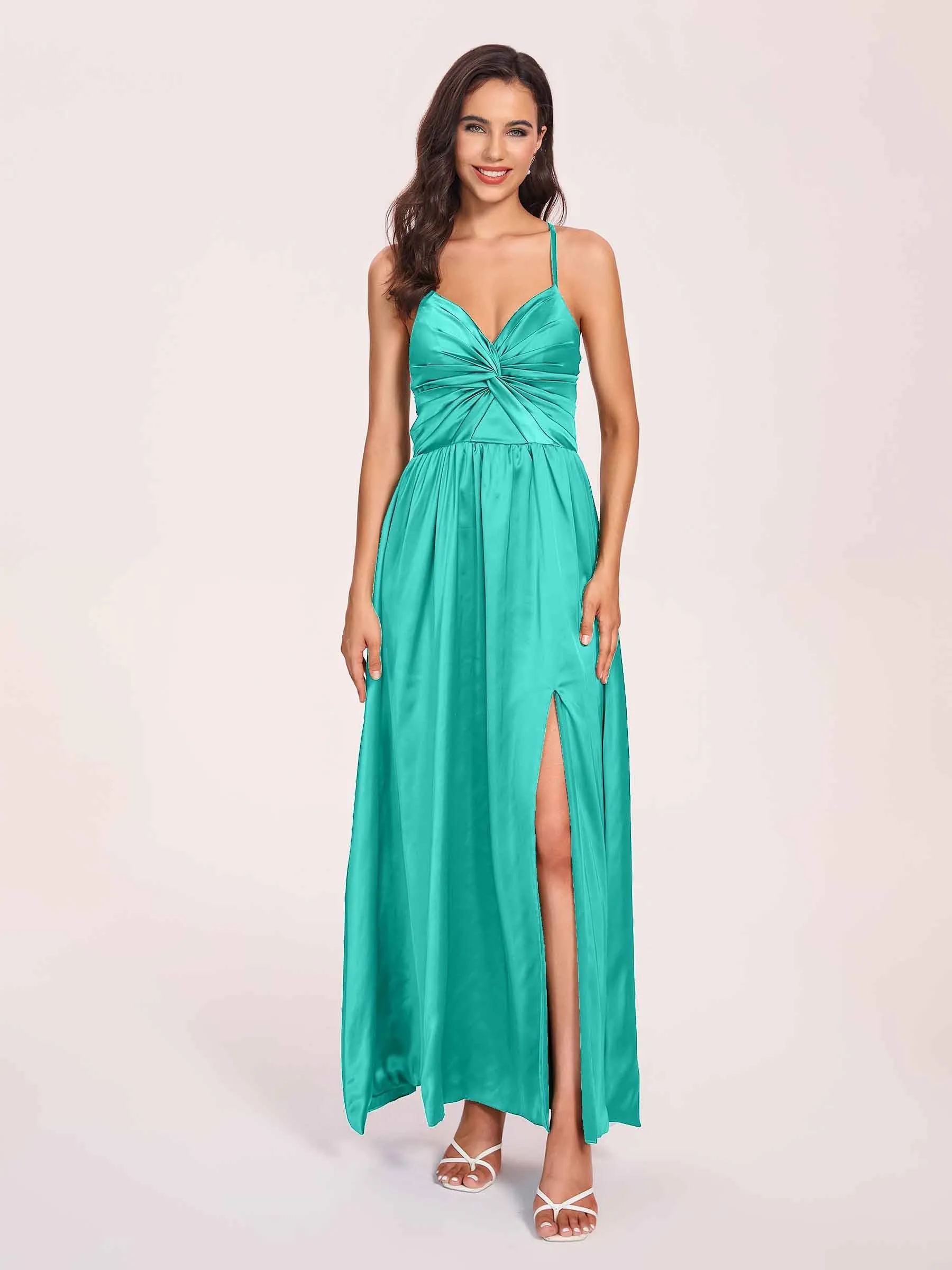 Satin Spaghetti Straps A-line Prom Dresses Side Slit Floor Length