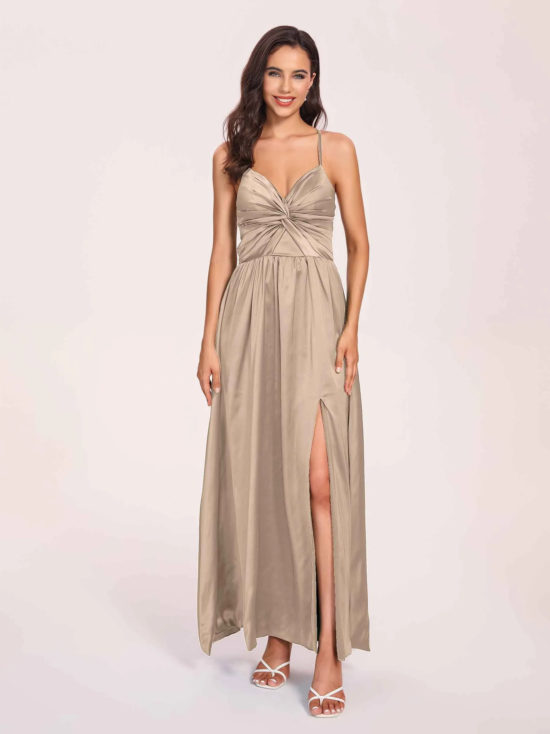 Satin Spaghetti Straps A-line Prom Dresses Side Slit Floor Length
