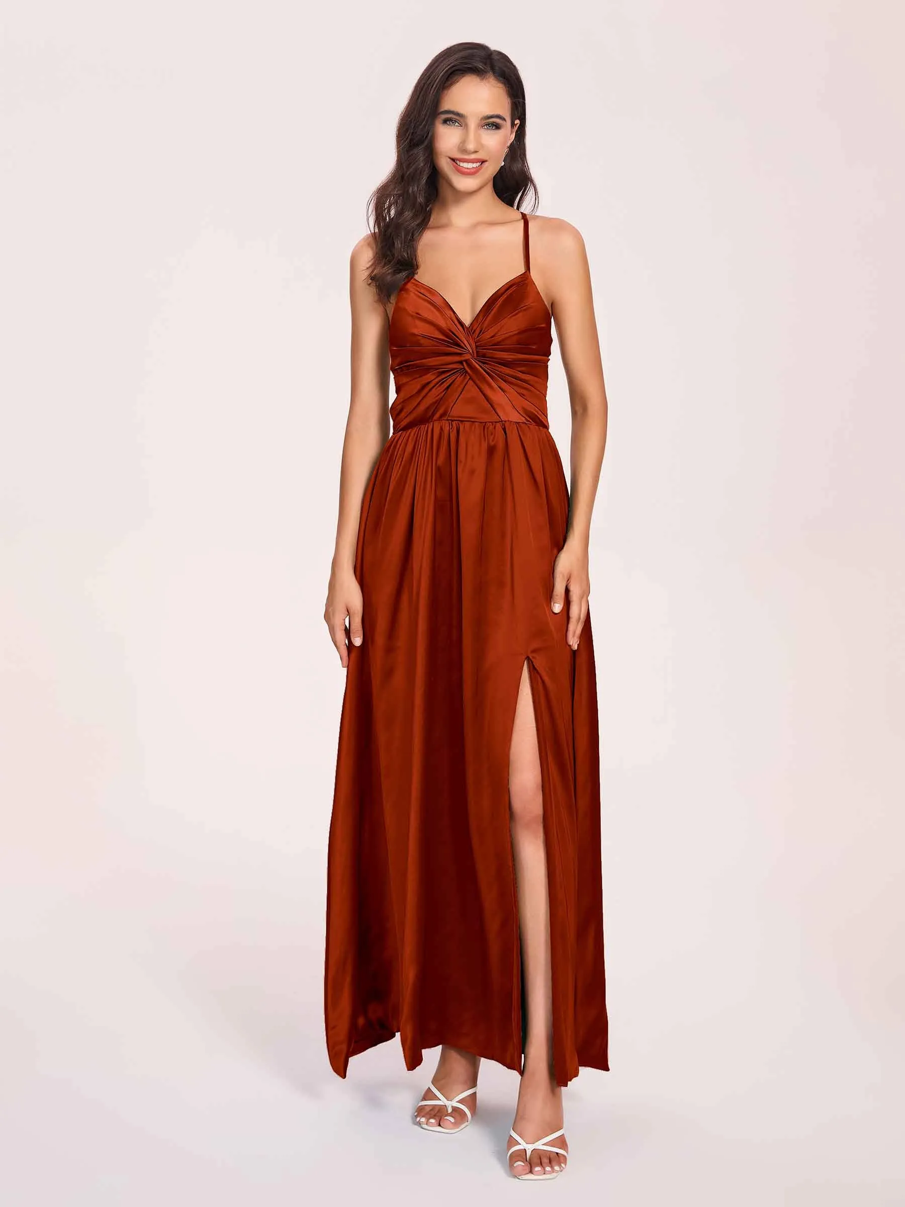 Satin Spaghetti Straps A-line Prom Dresses Side Slit Floor Length