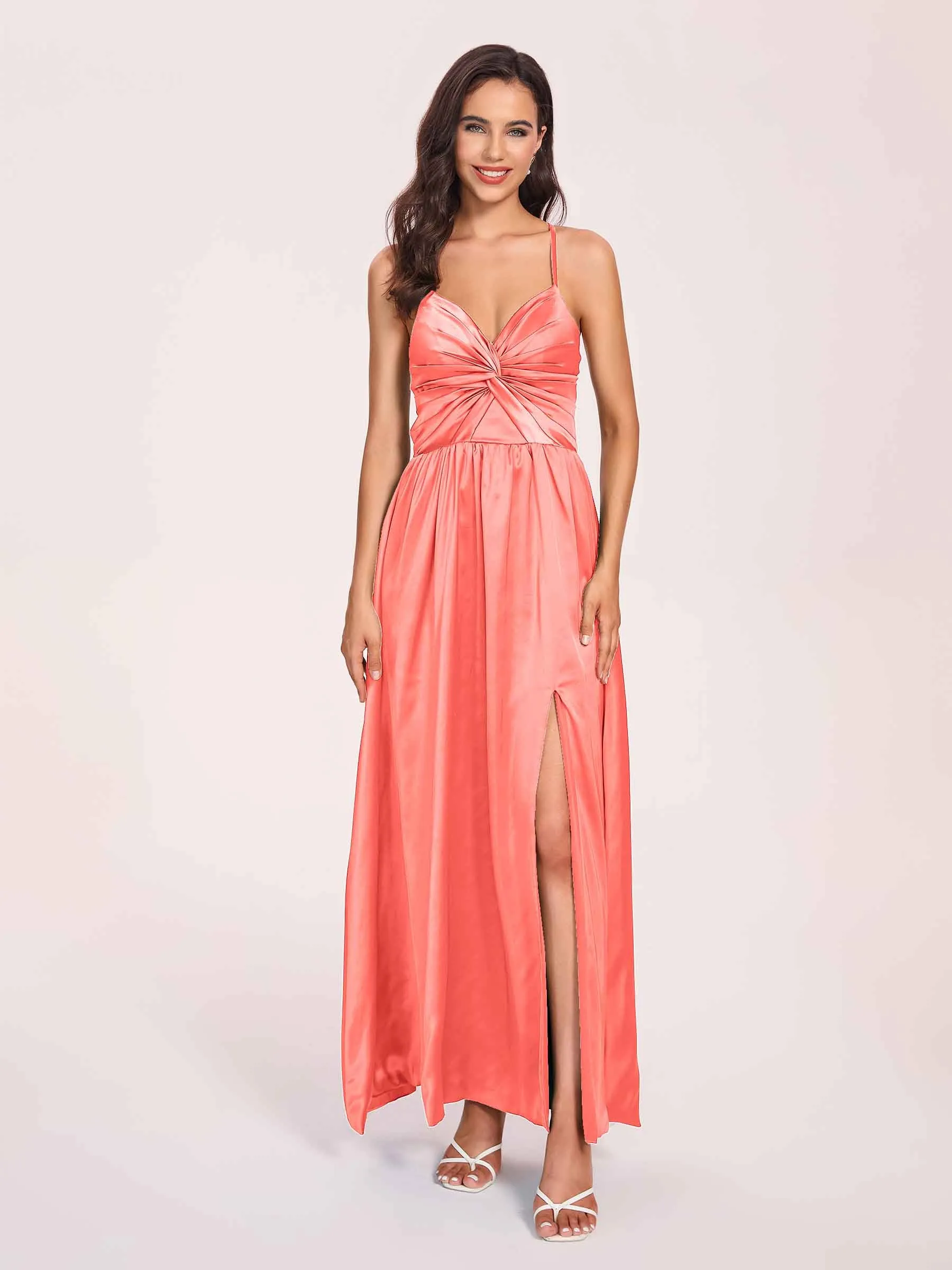 Satin Spaghetti Straps A-line Prom Dresses Side Slit Floor Length