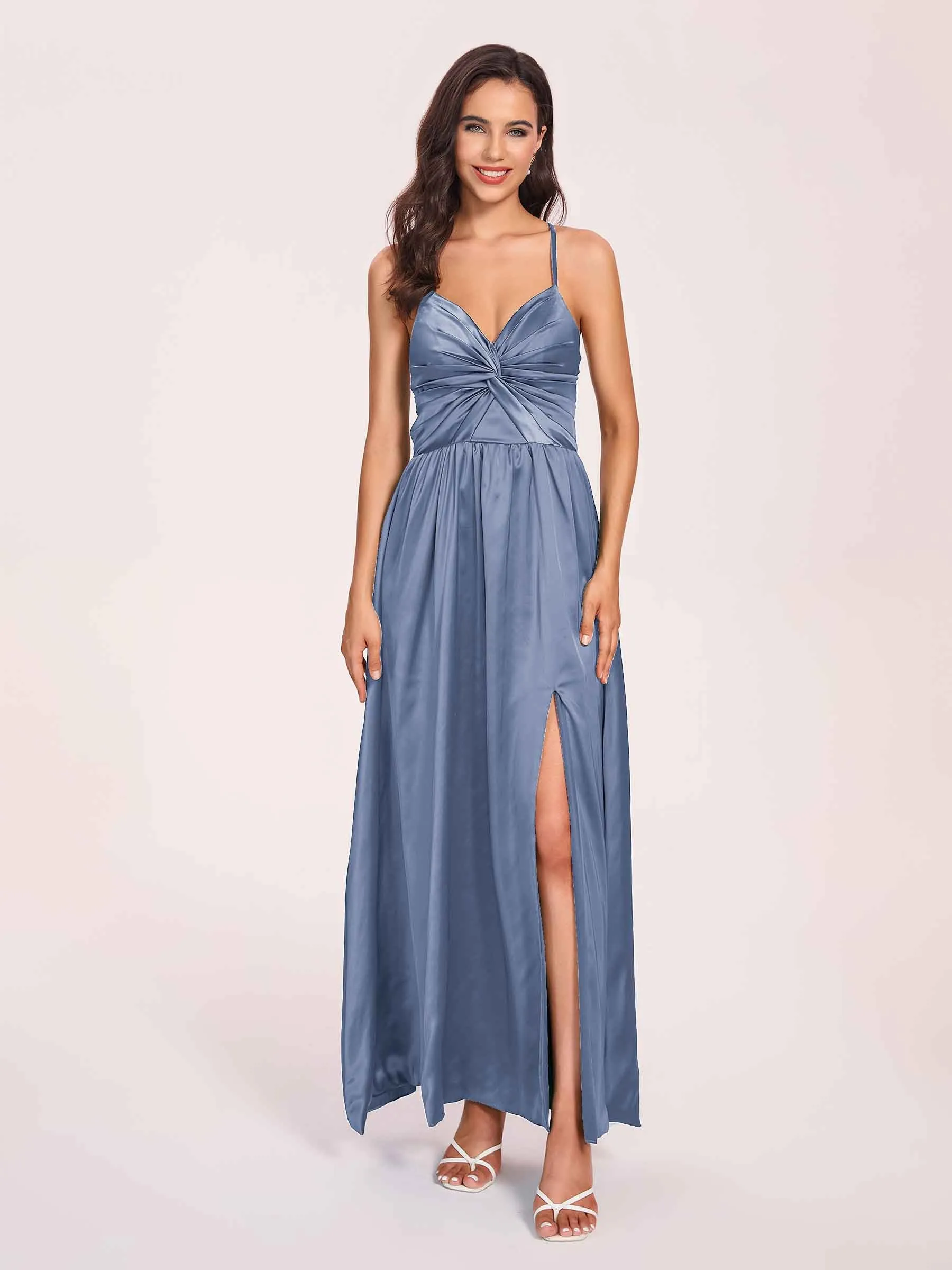 Satin Spaghetti Straps A-line Prom Dresses Side Slit Floor Length