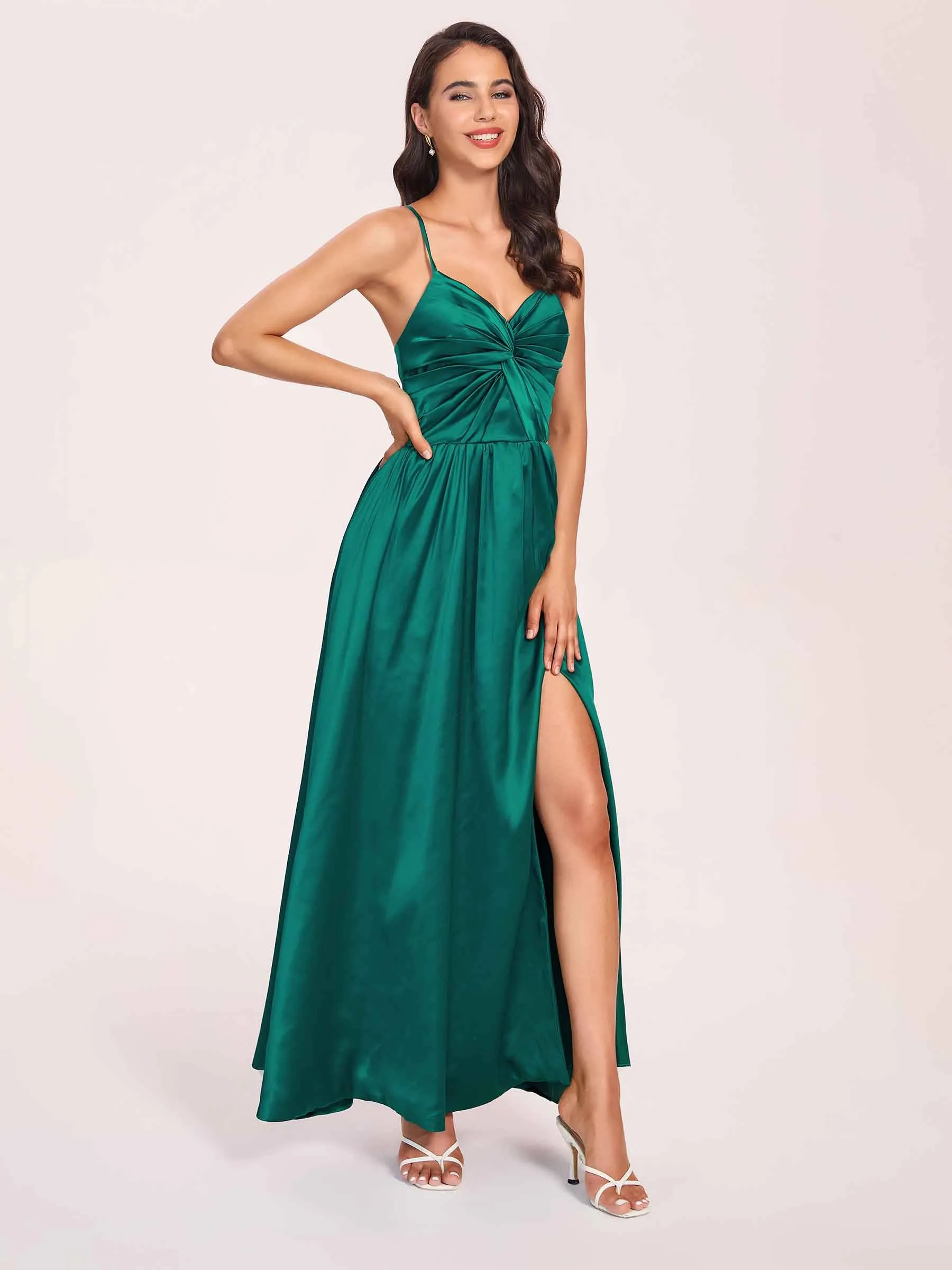 Satin Spaghetti Straps A-line Prom Dresses Side Slit Floor Length