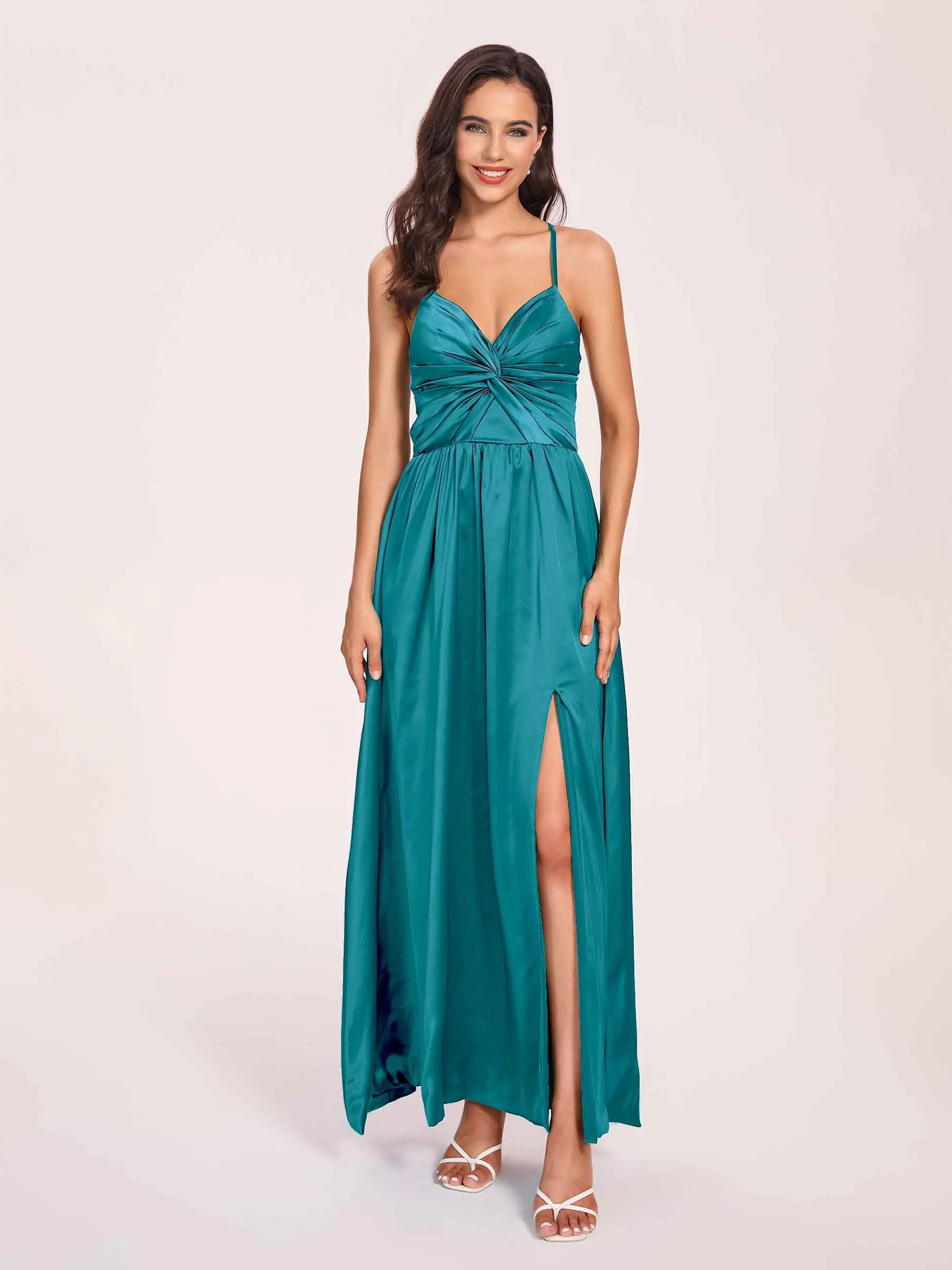 Satin Spaghetti Straps A-line Prom Dresses Side Slit Floor Length