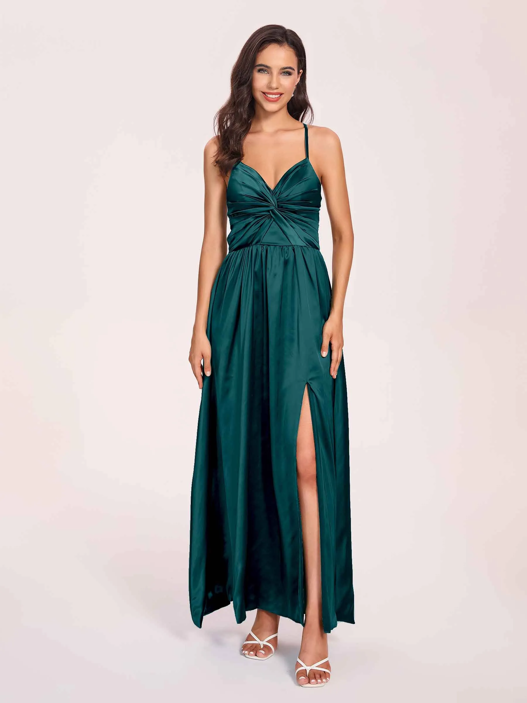 Satin Spaghetti Straps A-line Prom Dresses Side Slit Floor Length